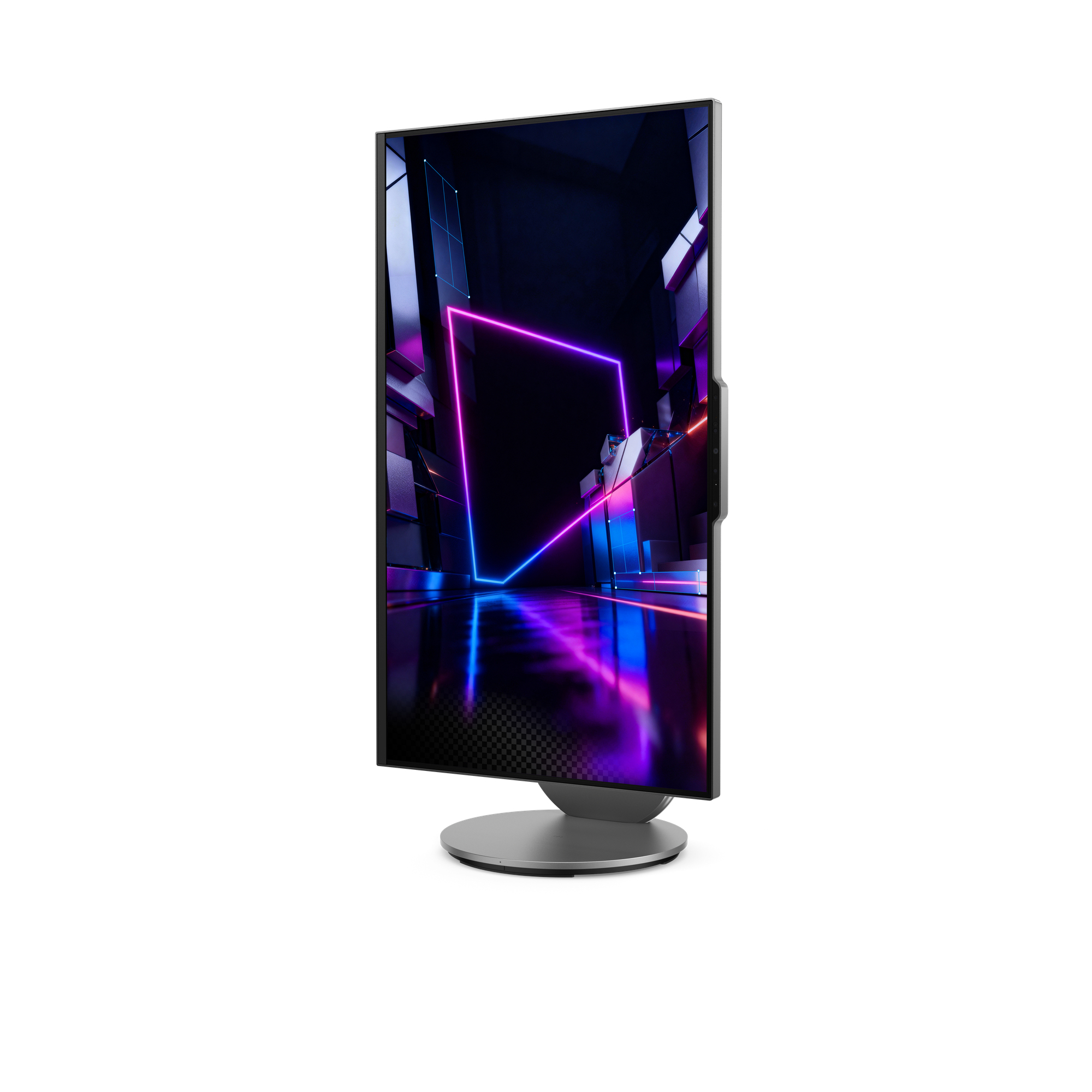 Ein Monitor mit einem futuristischen, neonbeleuchteten Stadtbild auf dem Bildschirm.