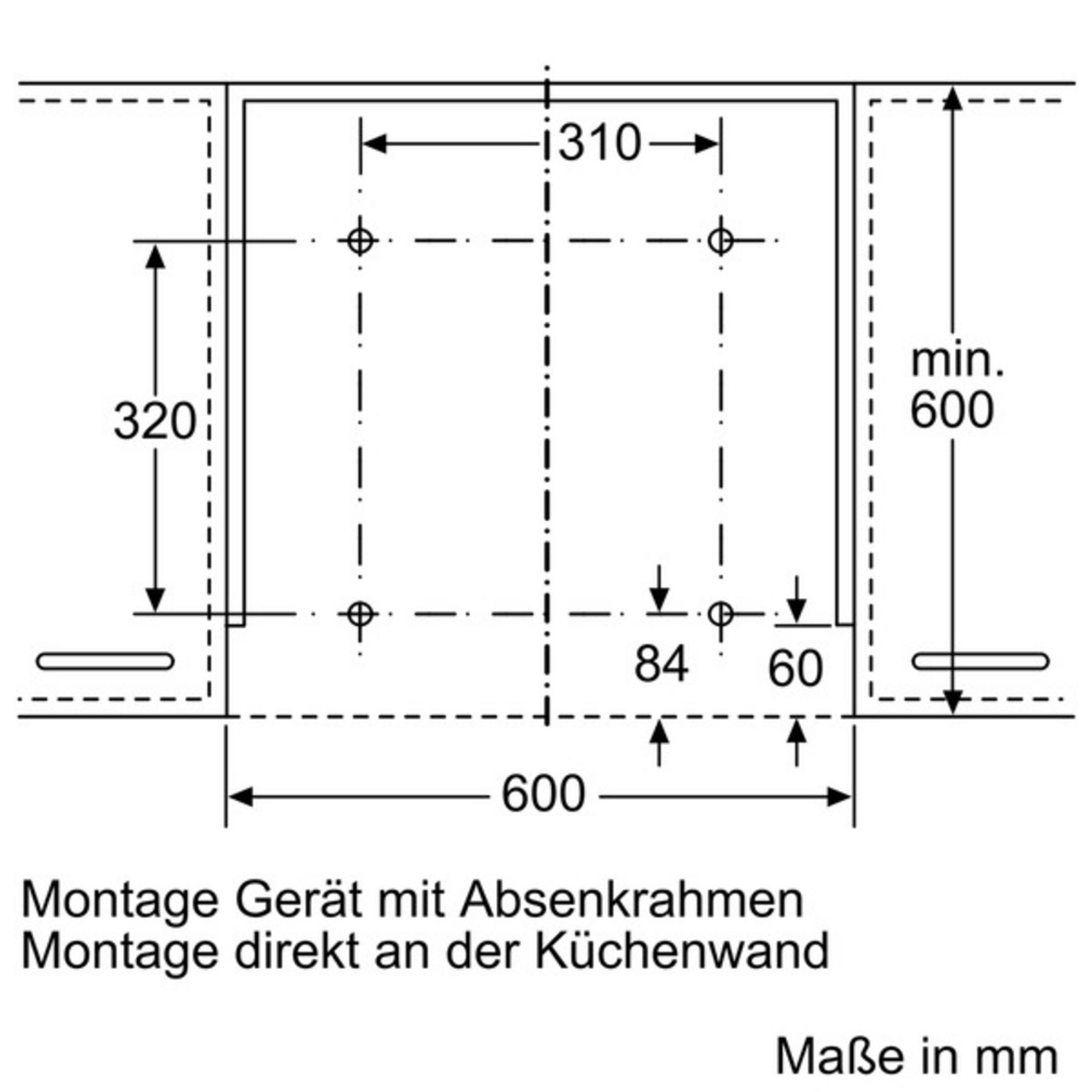 Technische Zeichnung mit Maßen für Montage in mm.