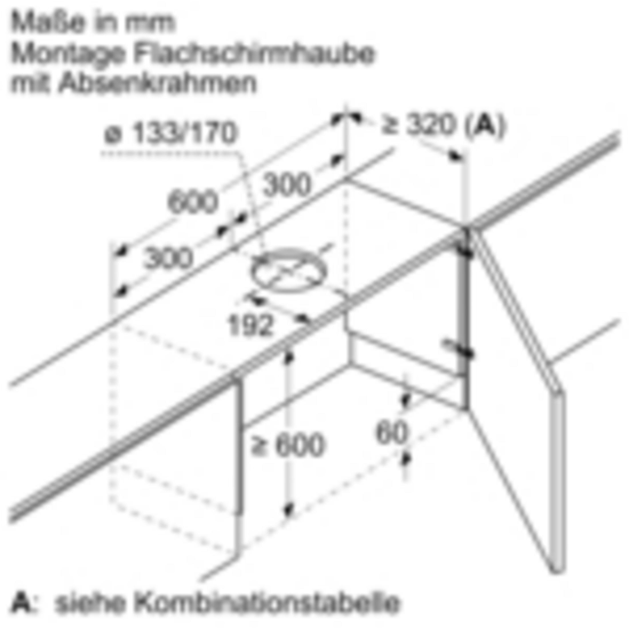 Diagramm zeigt Maße für eine Flachhaubenmontage. Min. 600mm Höhe.