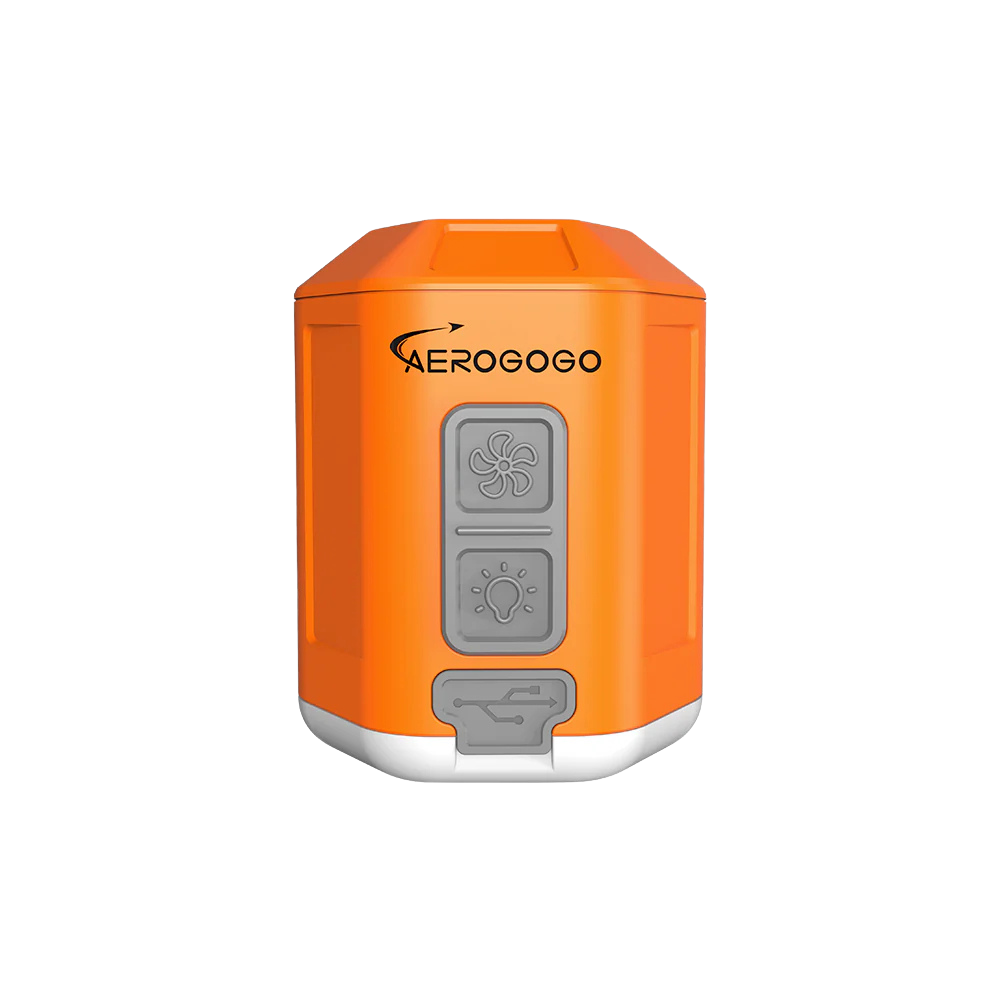 Fan, ışık ve USB sembollü turuncu AERO GOGO cihazı.