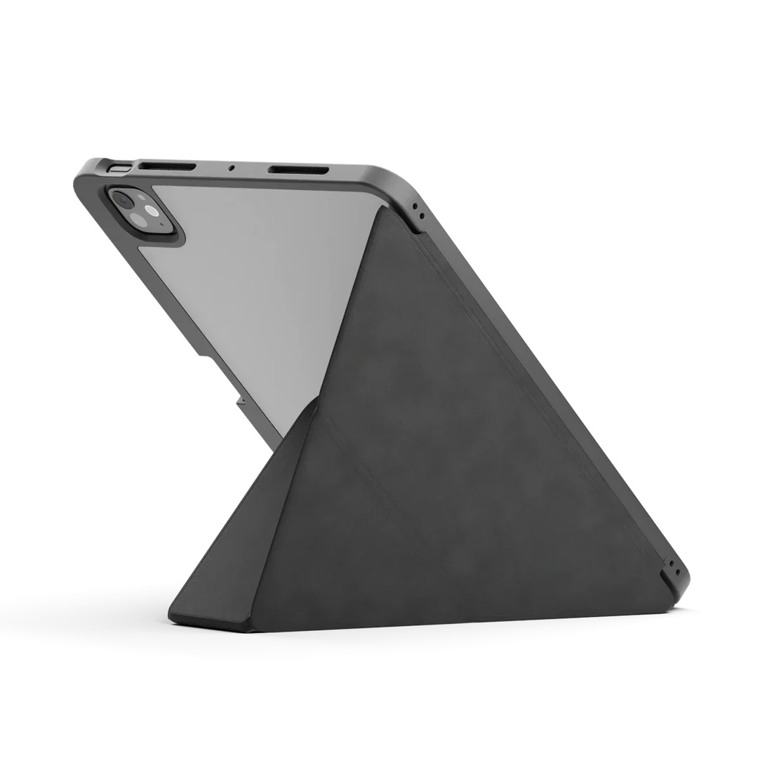 Szary tablet z trójkątną składaną okładką, stojący na białym tle.