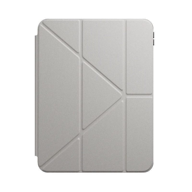 Szara okładka na tablet z geometrycznym wzorem zagięć, zamknięta.