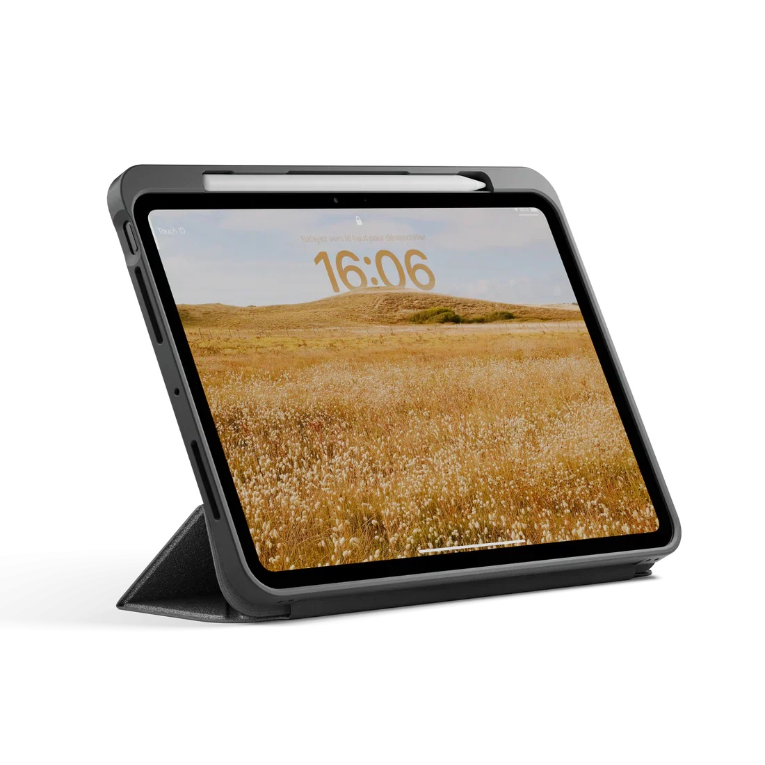 Tablet z rysikiem w ciemnej obudowie stoi pionowo. Na ekranie widnieje godzina 16:06.