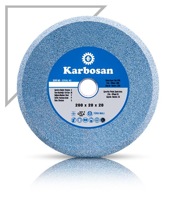 Teknik detaylar ve ölçüler içeren mavi bir Karbosan taşlama taşı.