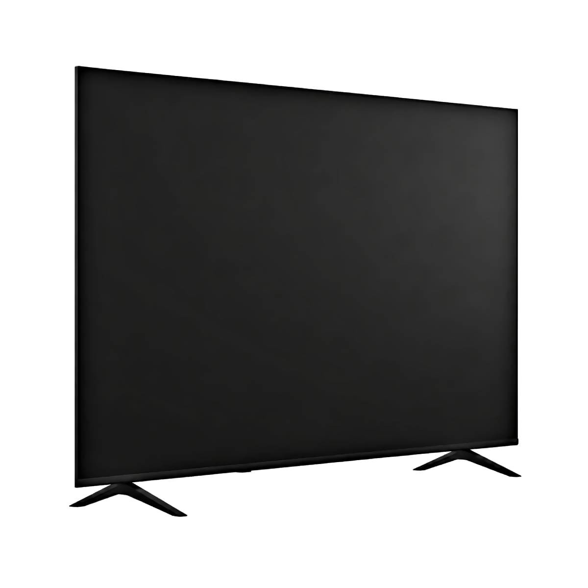 Un televisor negro con soporte en V sobre fondo blanco.