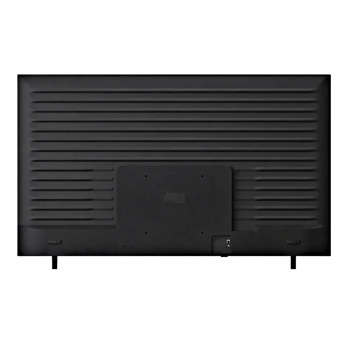 Parte trasera de un televisor negro con rejillas horizontales y puertos. Soportes visibles.