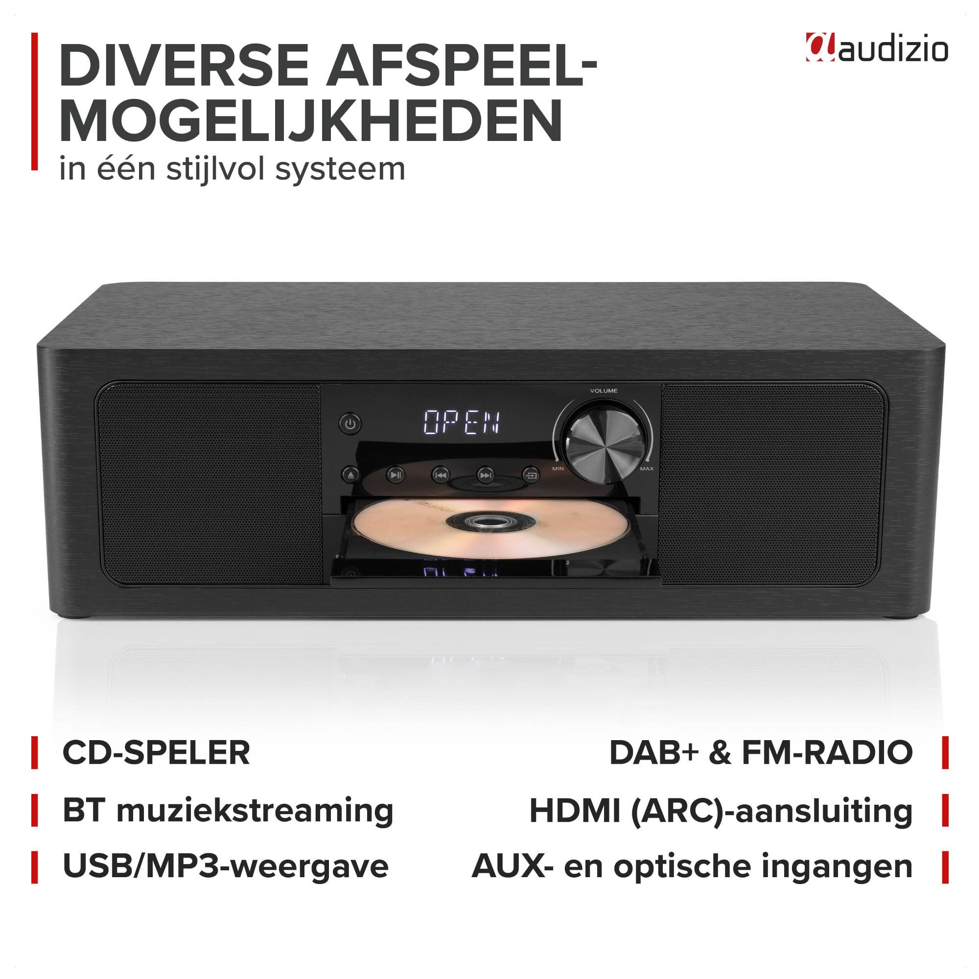 Sistema de sonido Audizio negro con reproductor de CD, altavoces y panel de control.