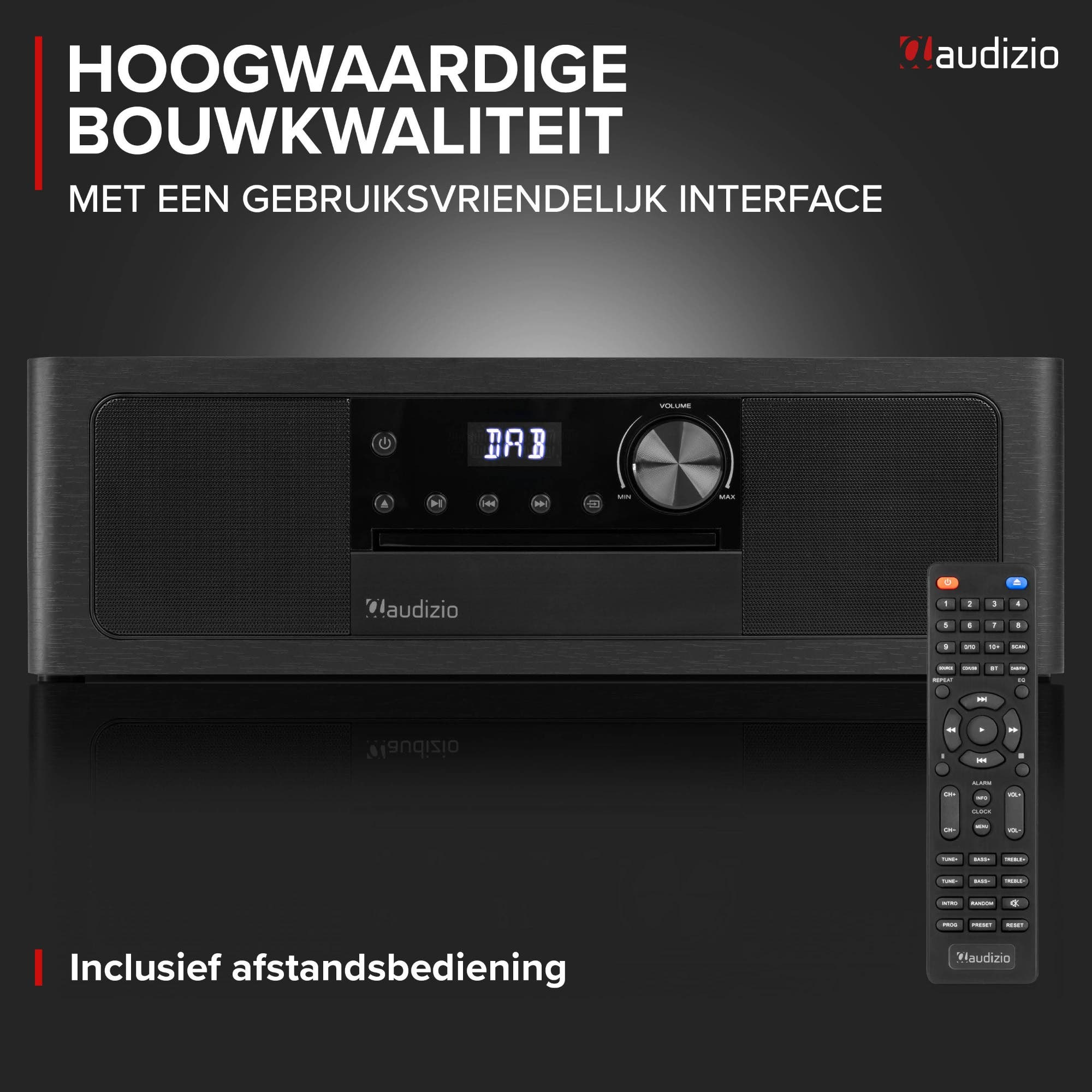 Una radio DAB+ Audizio negra con mando a distancia, colocada sobre un fondo oscuro.