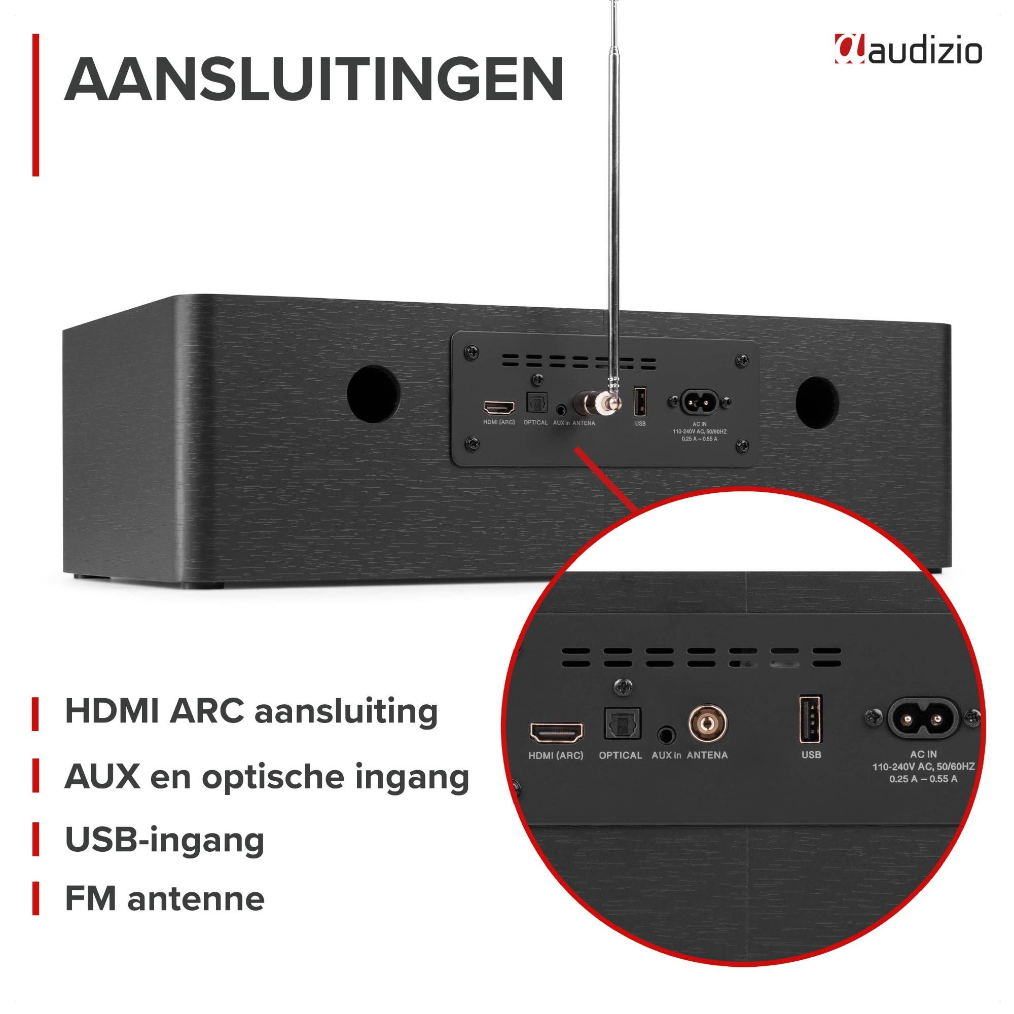Parte trasera de un dispositivo negro con conexiones: HDMI, Óptico, Aux, USB y alimentación.
