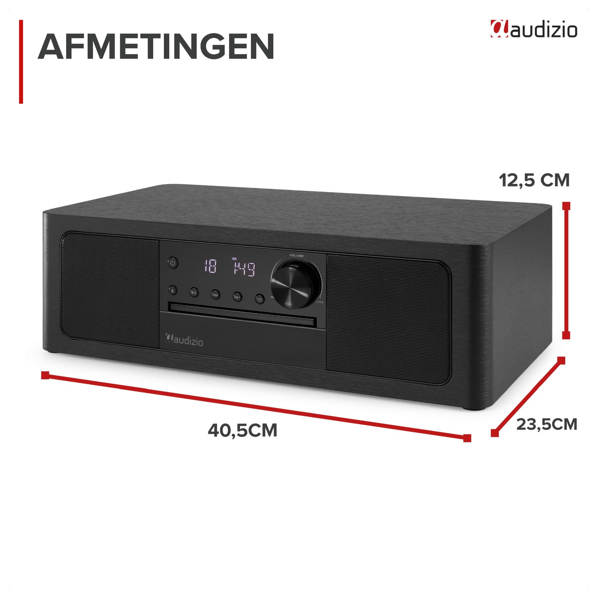Receptor Audizio negro con dimensiones: 40,5cm L x 23,5cm P x 12,5cm A.