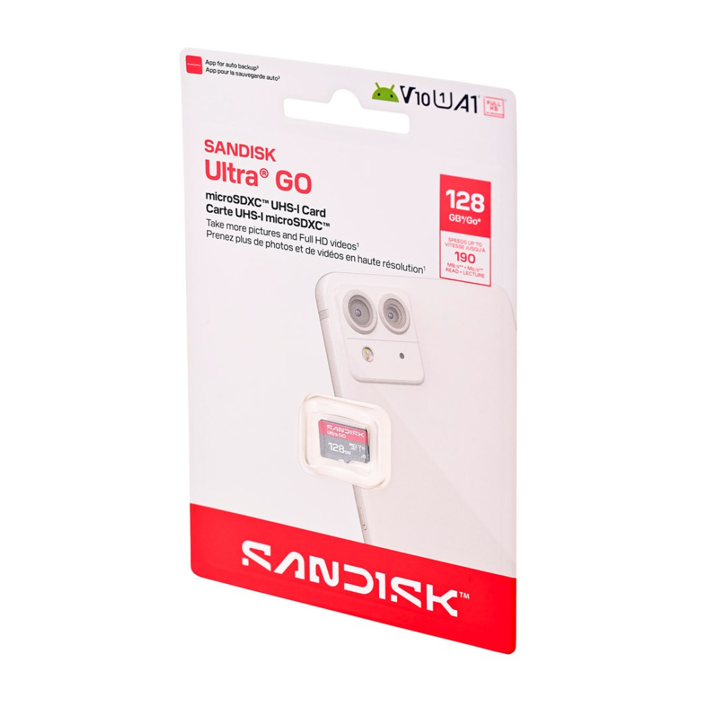 Opakowanie karty microSDXC SanDisk Ultra GO 128 GB z grafiką smartfona.