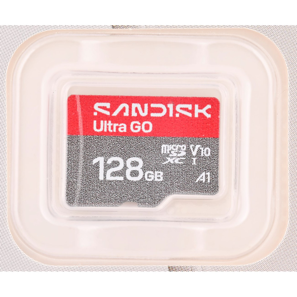 Karta SanDisk Ultra Go 128GB microSDXC w przezroczystym etui.