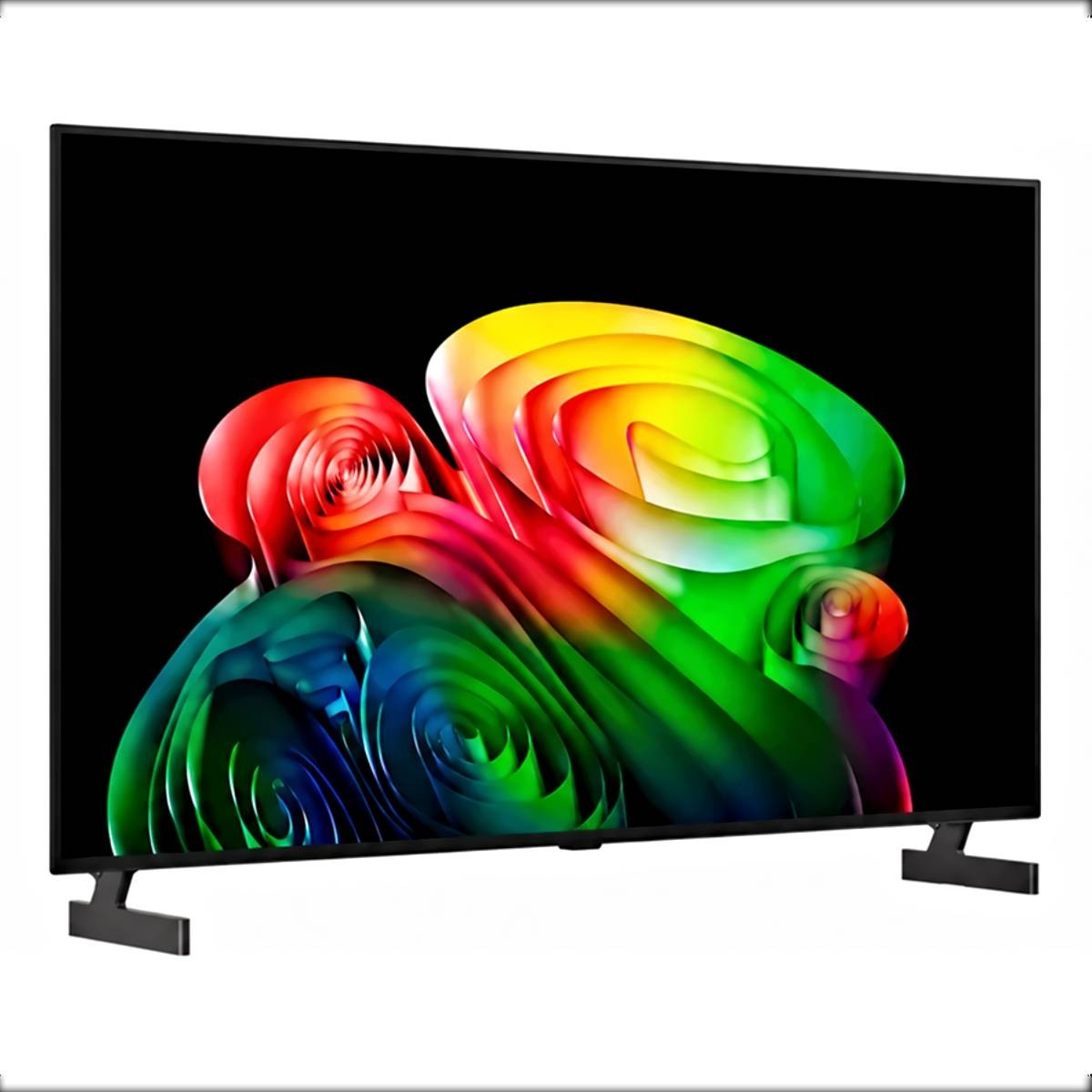 Un televisor moderno que muestra una imagen abstracta y colorida en su pantalla.