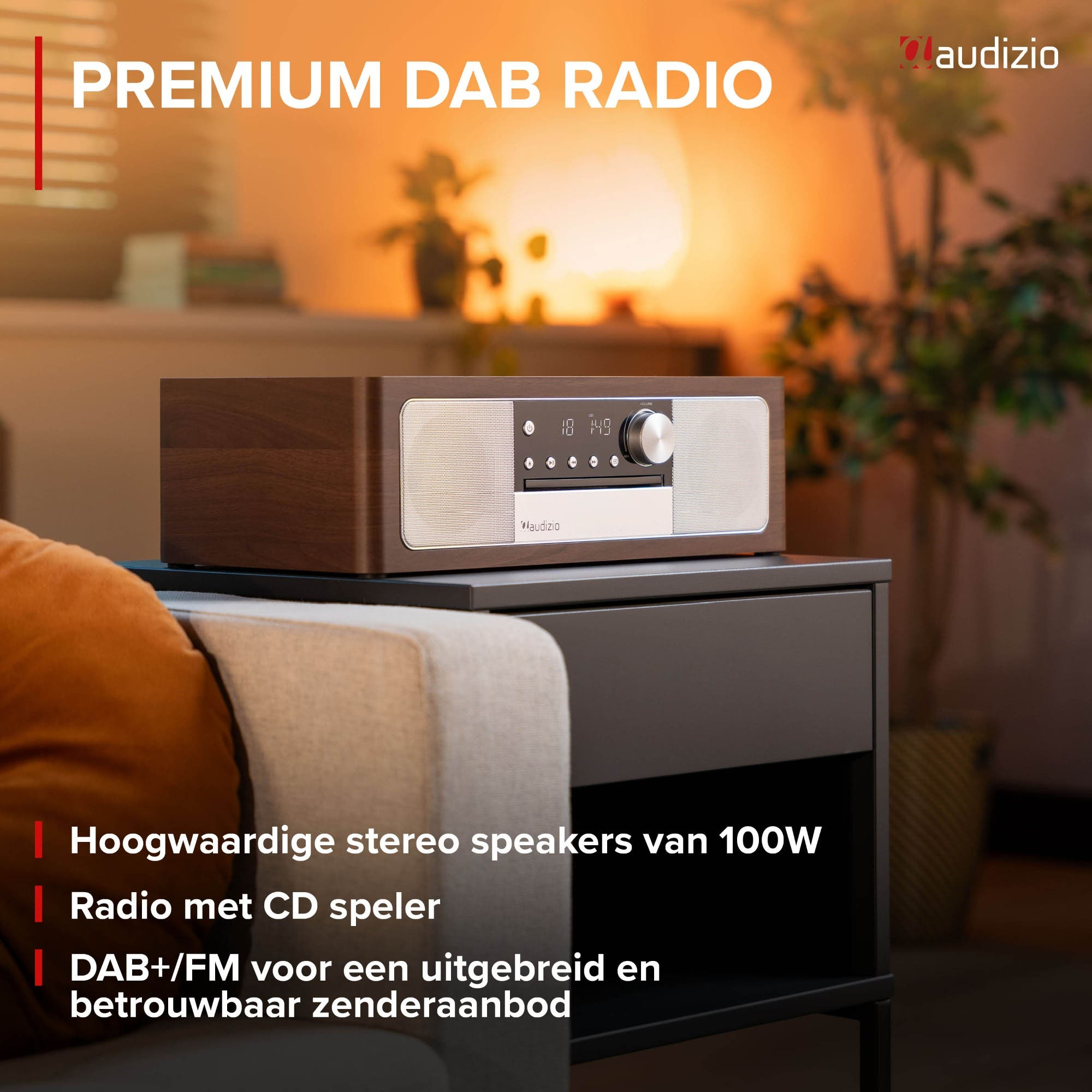 Une radio DAB Audizio avec lecteur CD et haut-parleurs stéréo 100W.
