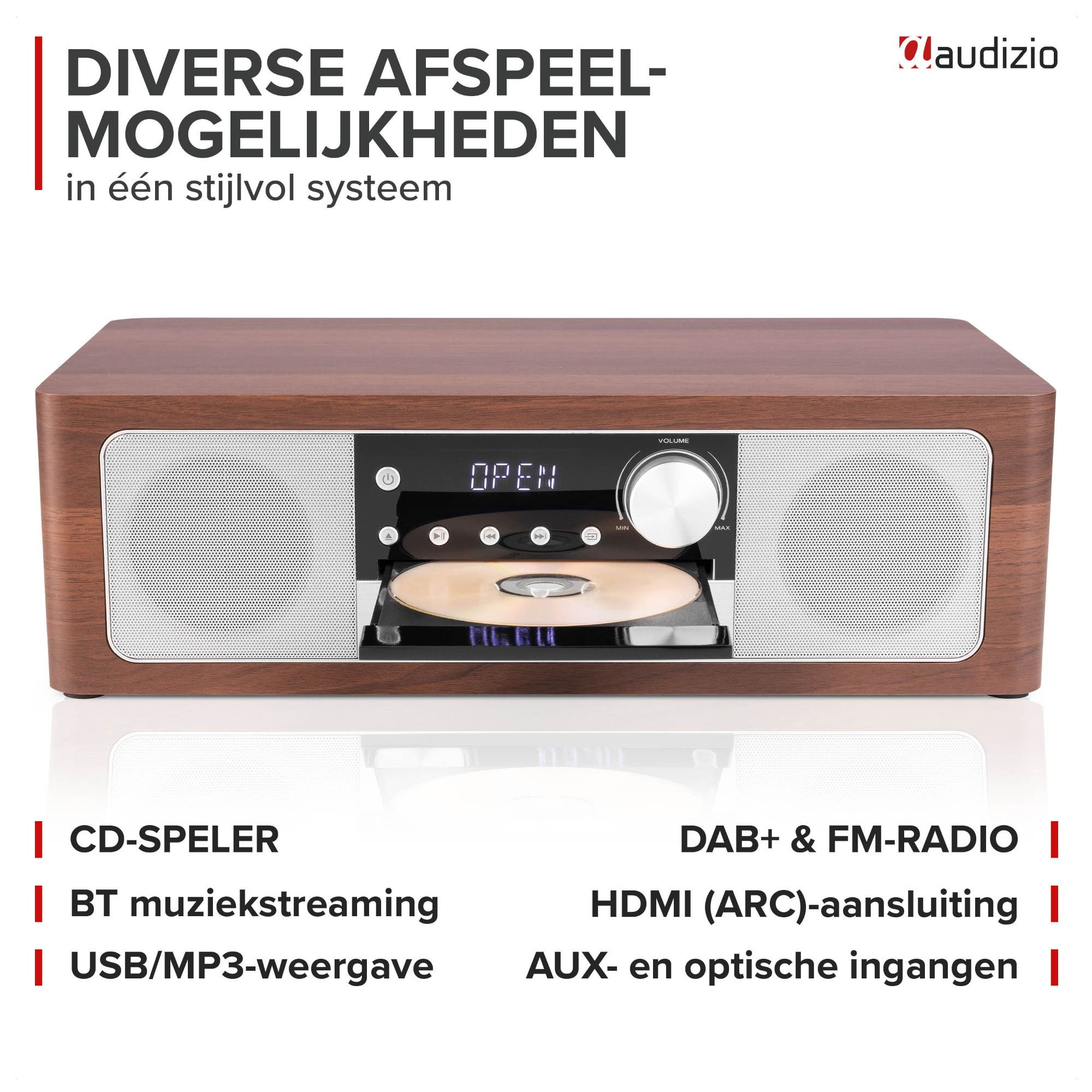 Un élégant système Audizio avec lecteur CD, radio DAB+/FM et Bluetooth.