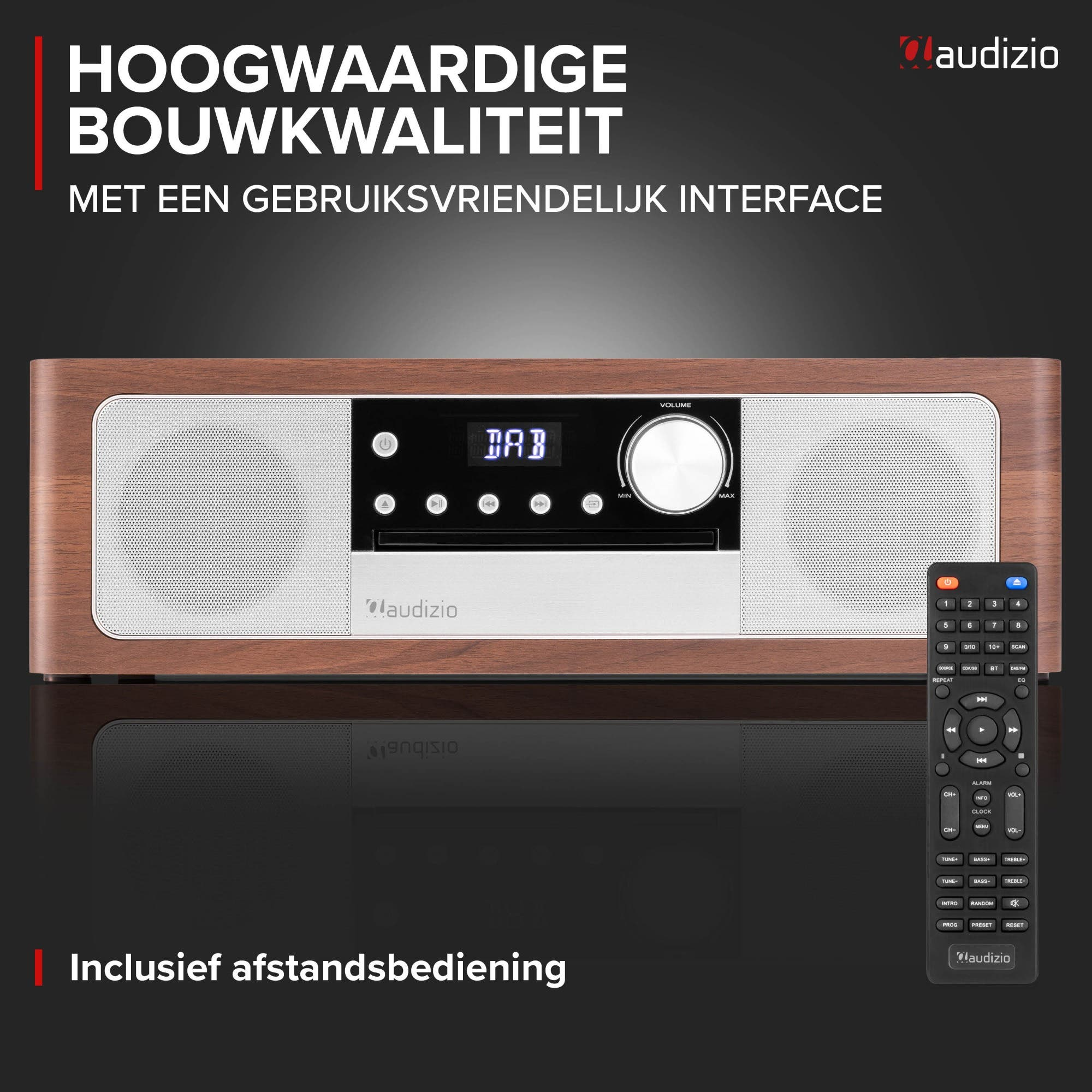 Radio en bois avec télécommande et écran DAB.