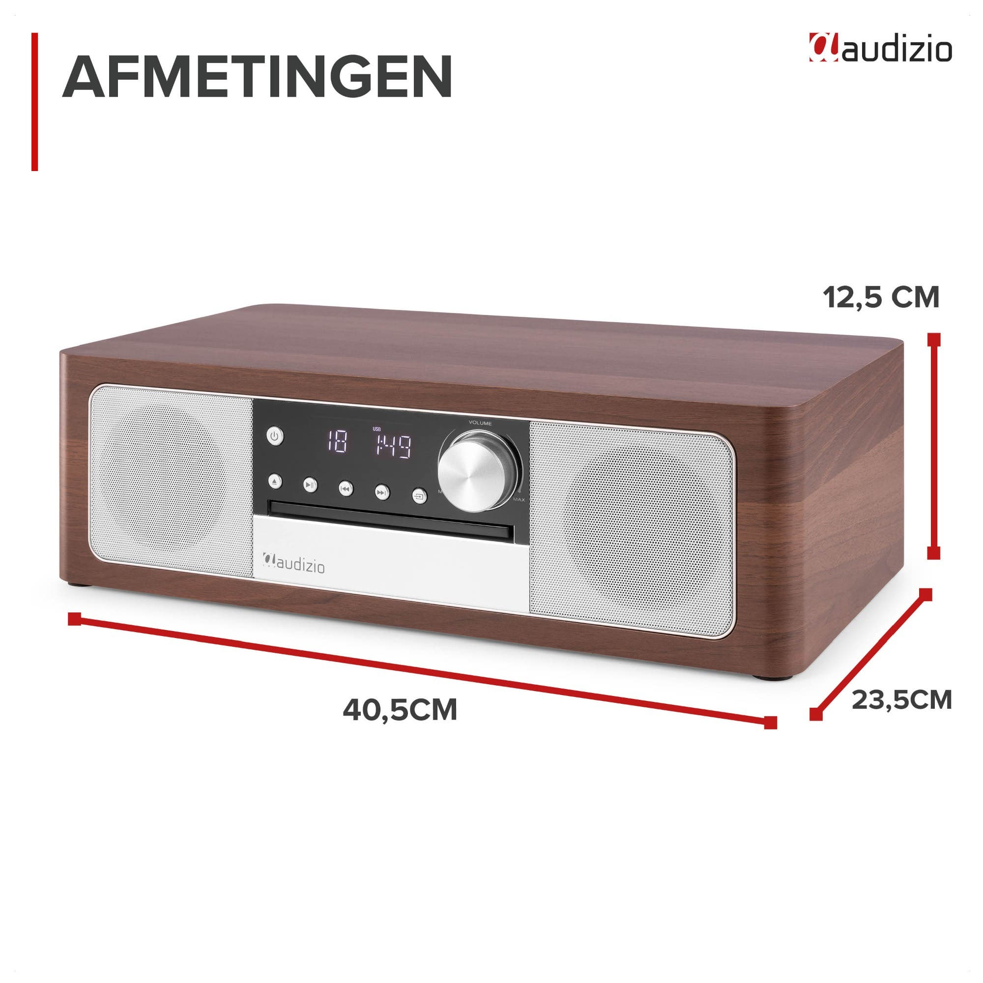Radio en bois marron avec haut-parleurs et commandes argentés. Dimensions : 40,5x23,5x12,5cm.