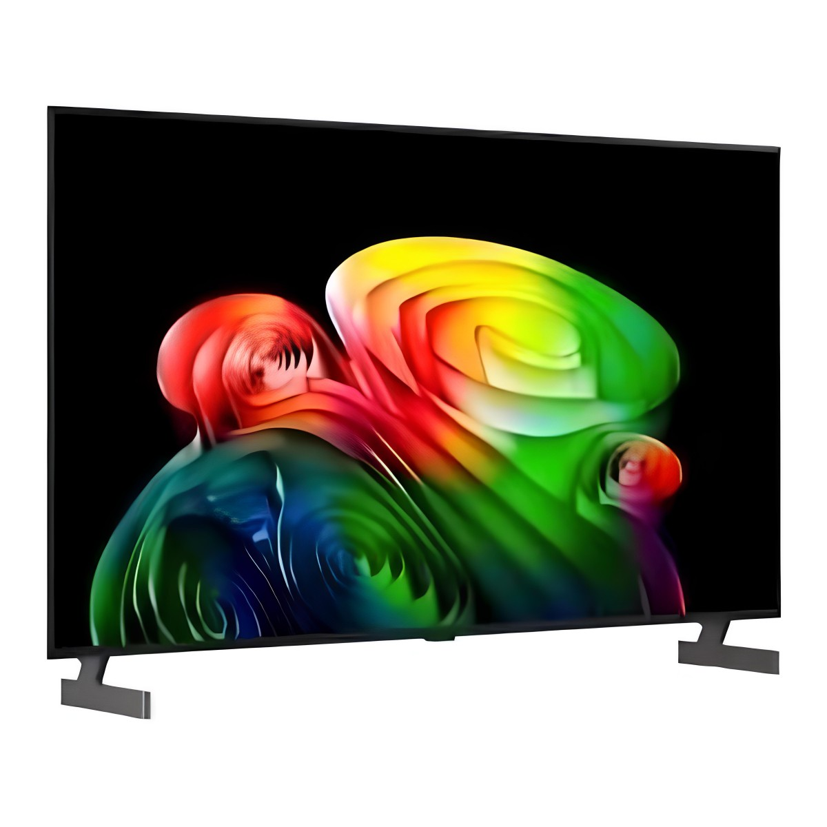 Un televisor moderno que muestra un salvapantallas abstracto y colorido.