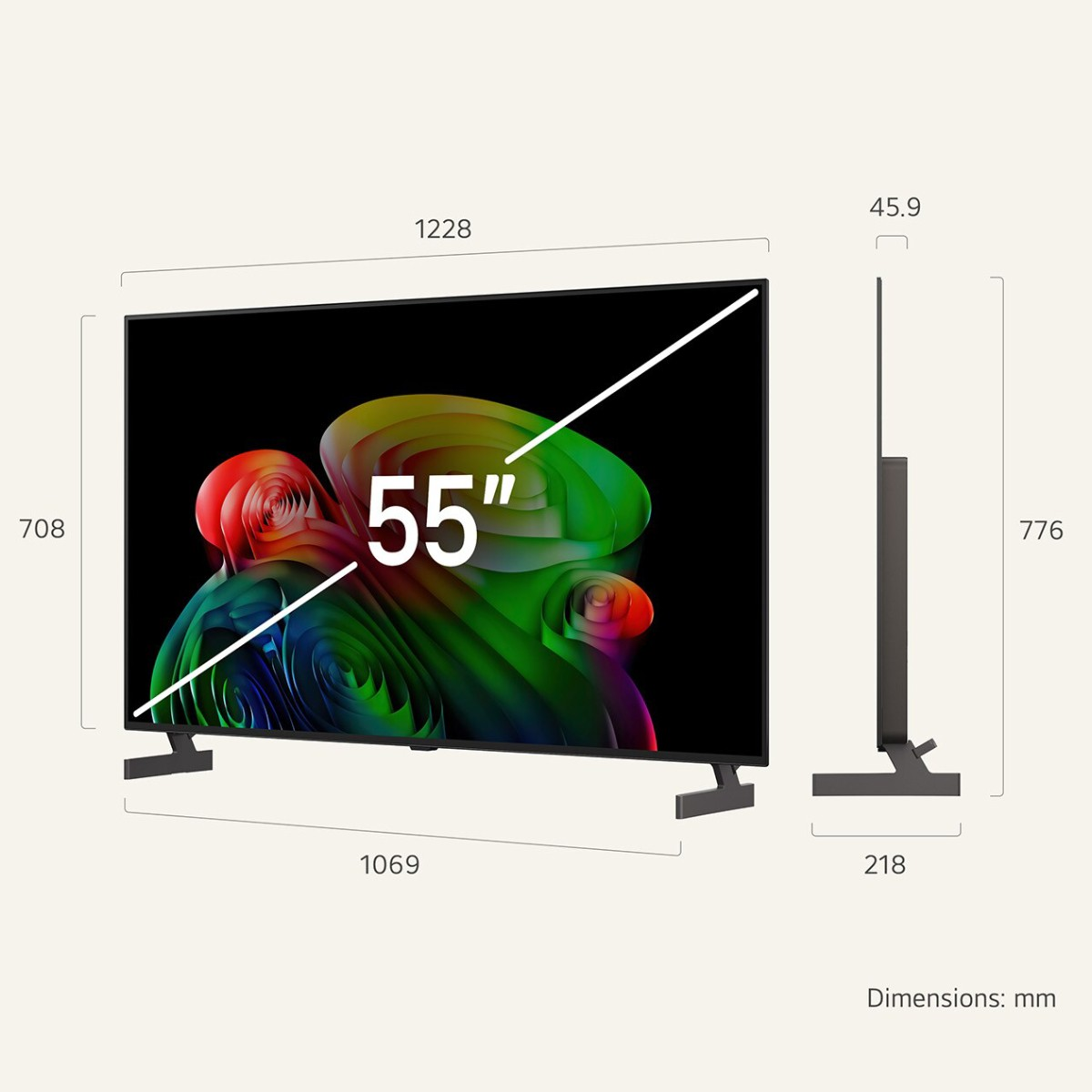 Televisor de 55 pulgadas con imagen abstracta colorida y dimensiones.