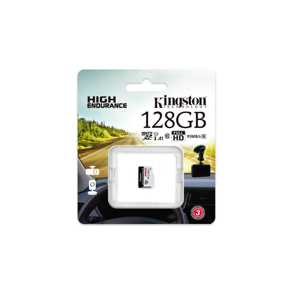Kingston 128GB MicroSD-Karte in Verpackung, zeigt eine Straße und ein Auto.