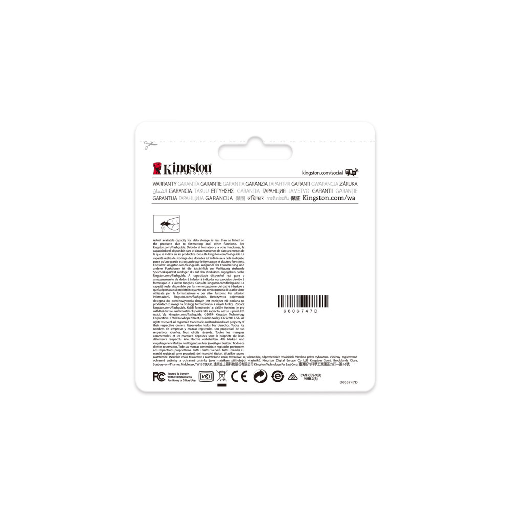Kingston-Logo, Garantieinformationen und Produktcode auf weißem Hintergrund.
