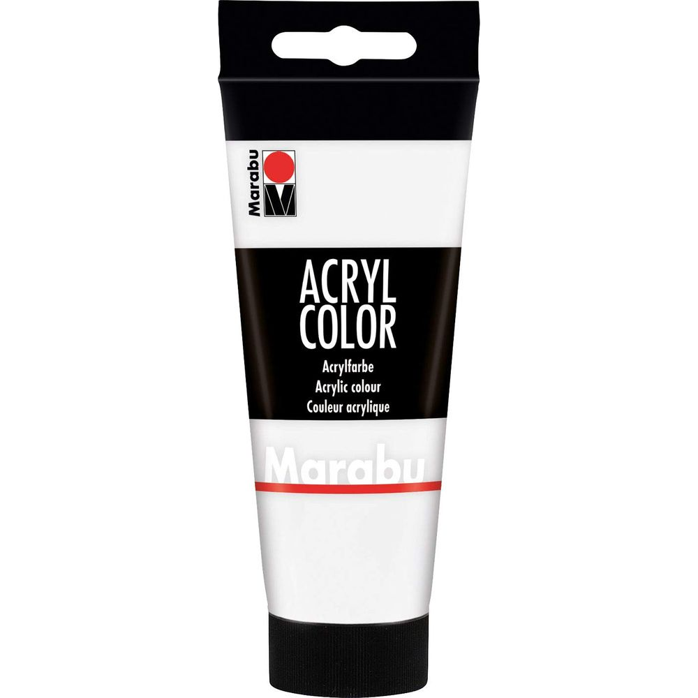 Eine Tube Marabu Acrylfarbe mit weißem und schwarzem Etikett.