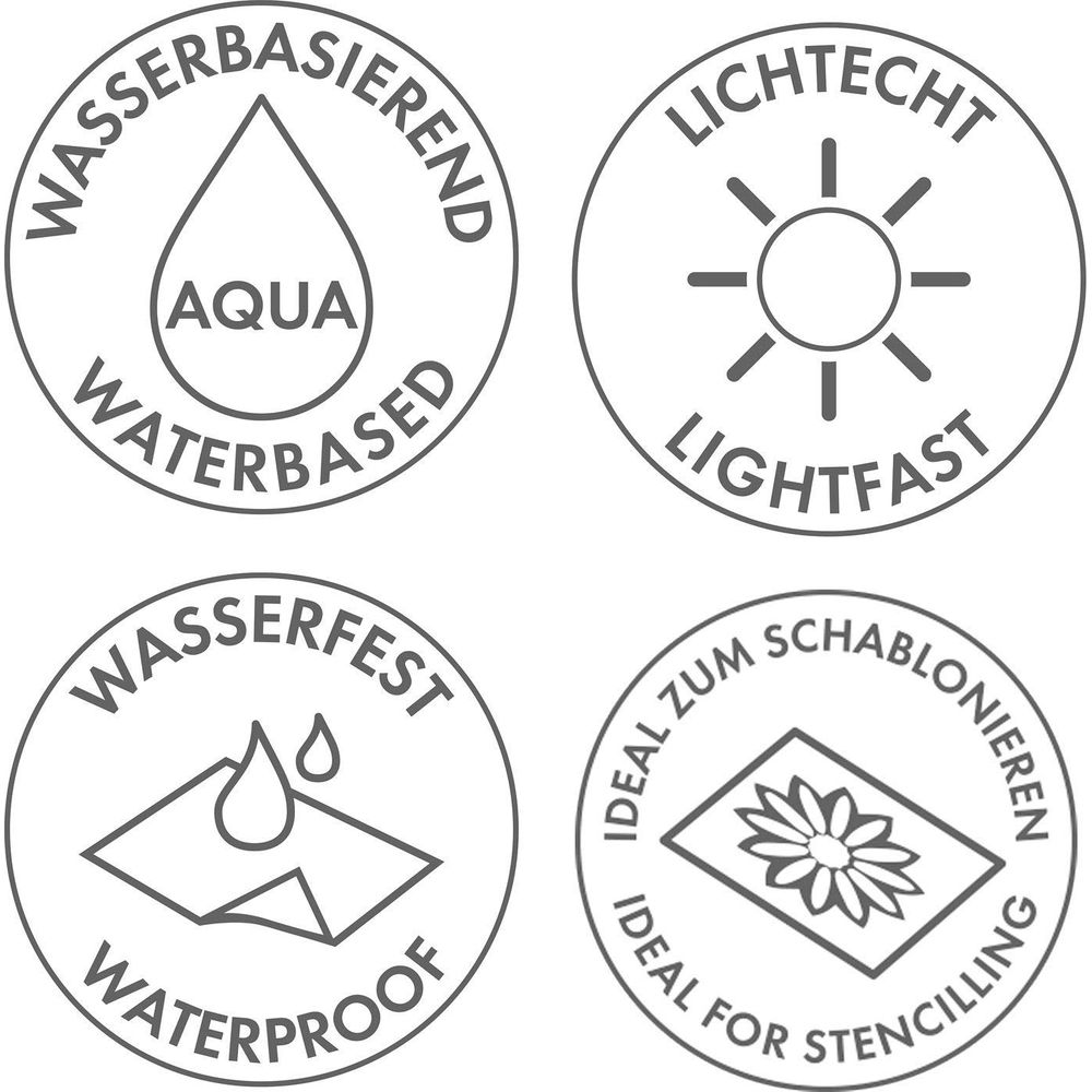 Vier Kreissymbole: Wasserbasiert, Lichtecht, Wasserfest, Ideal zum Schablonieren.