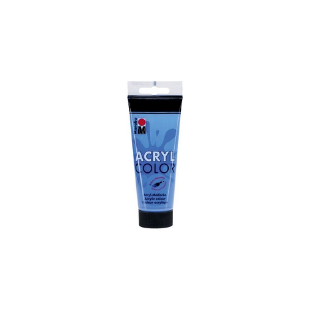 Eine hellblaue Tube Acrylfarbe von Marabu mit einem Auge-Symbol.