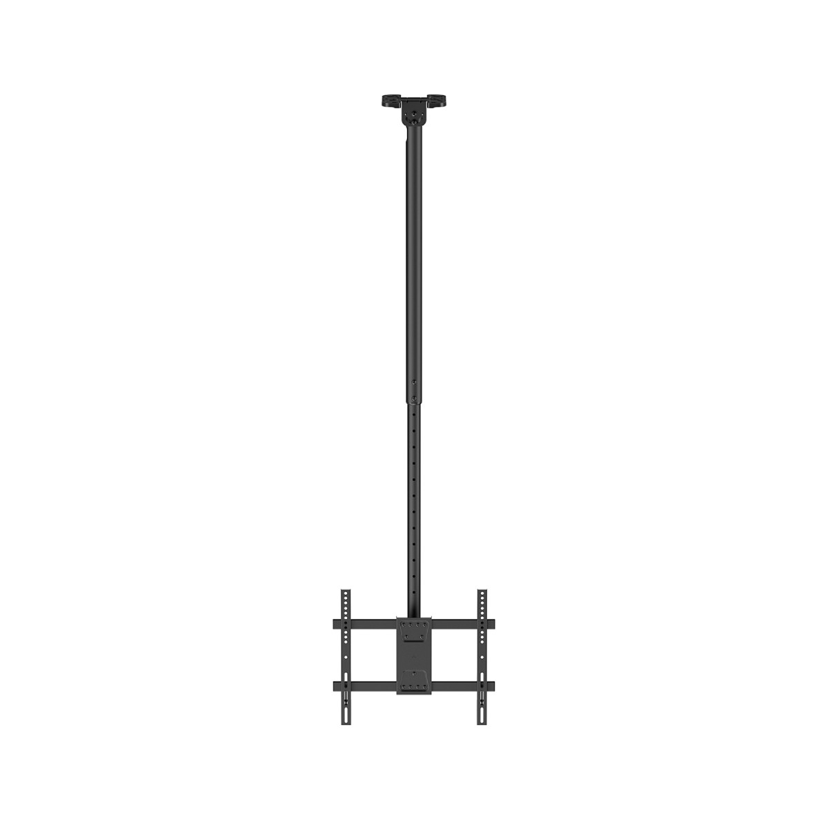 Soporte de techo negro para TV con poste ajustable y placa de montaje.