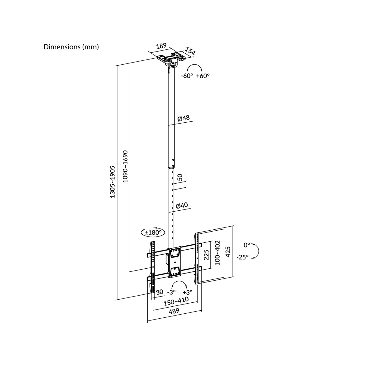 Dibujo técnico de un soporte de techo con dimensiones y ángulos.