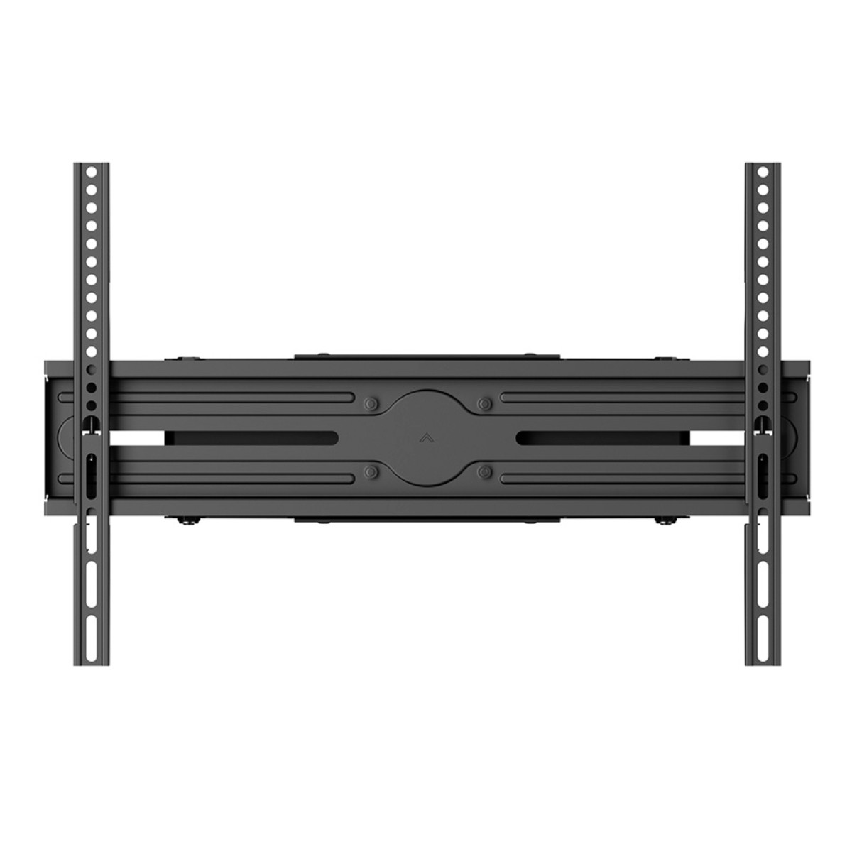 Supporto da parete TV nero con bracci regolabili e foro.