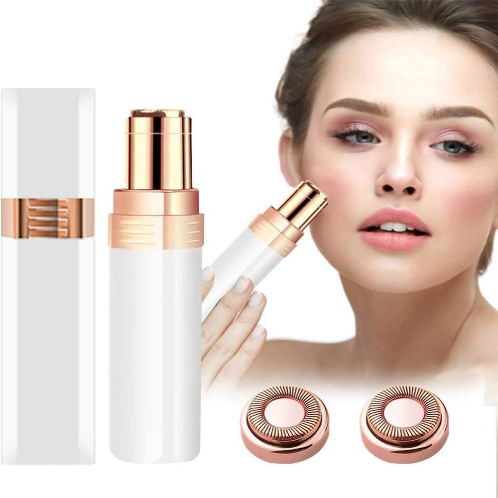 Ein weißer Gesichts-Haarentferner mit roségoldenen Details, Zubehör und Frauengesicht.
