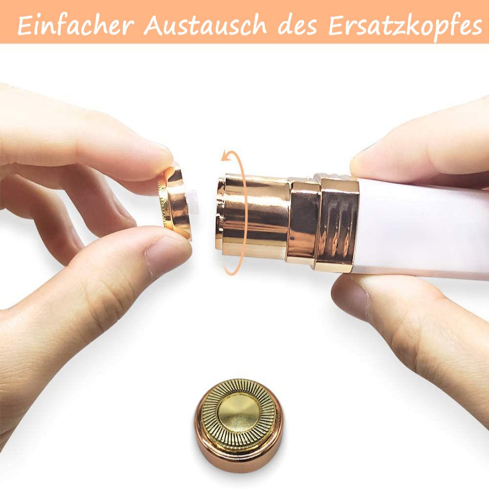 Hände wechseln einen goldenen Aufsatz an einem weißen Gerät mit goldenen Akzenten.
