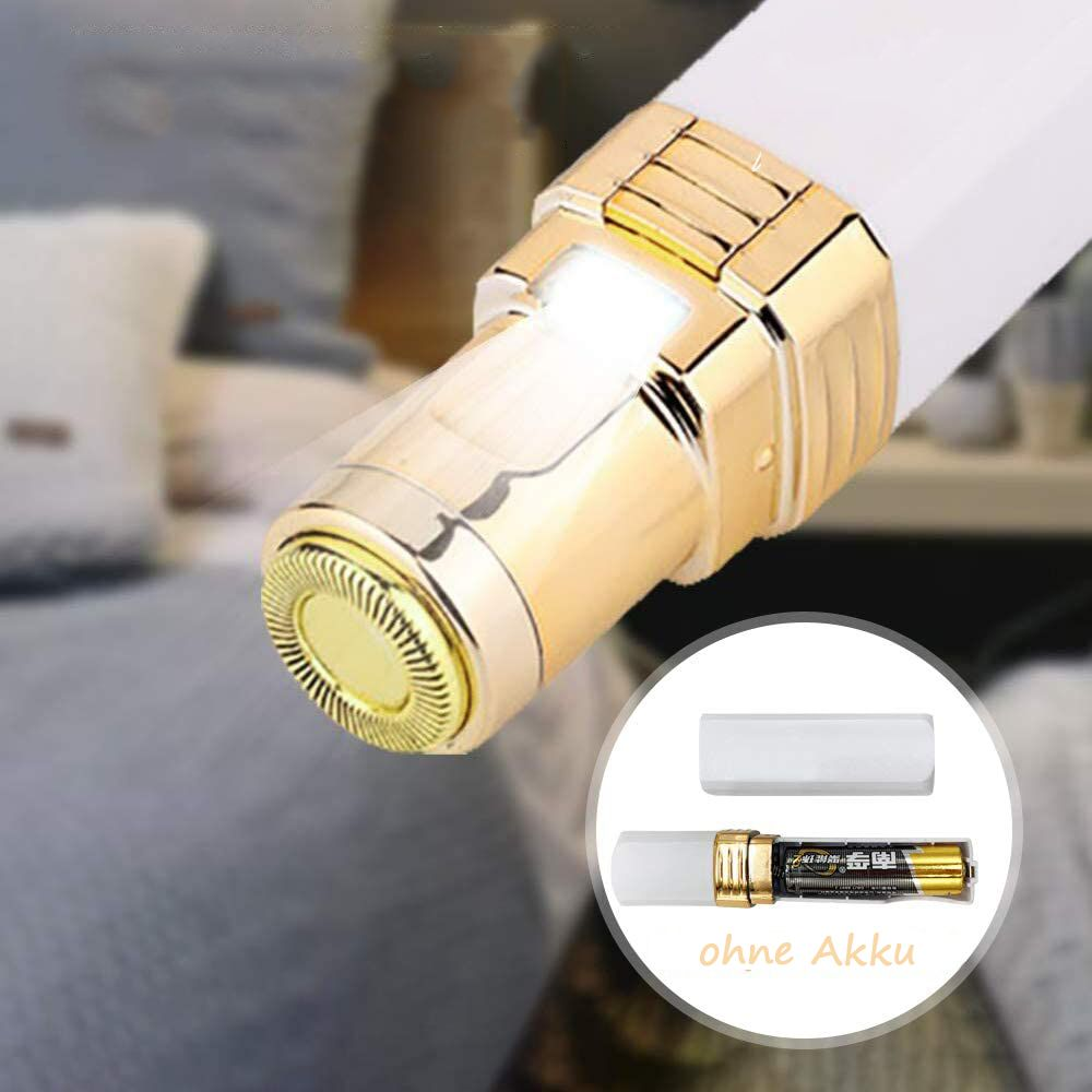 Ein weißer und goldener Epilierer mit Licht, der eine Batterie zeigt.