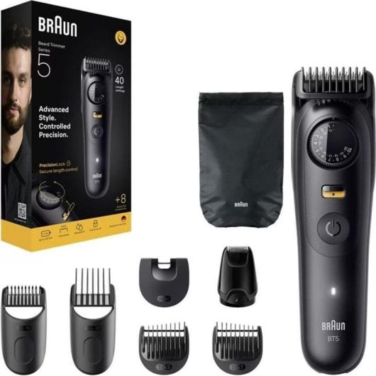 Regolabarba Braun Serie 5 con accessori: rifinitore, accessori, custodia e scatola.