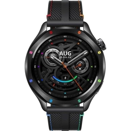 Reloj inteligente negro con detalles coloridos en correa y esfera.