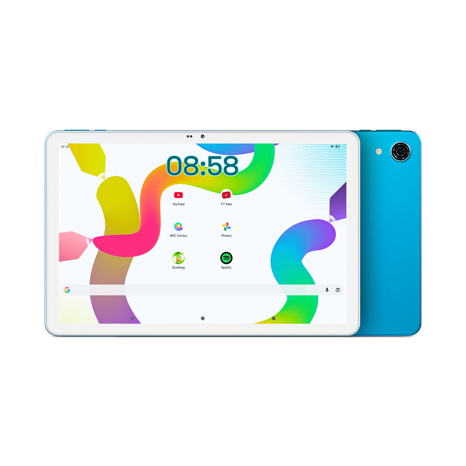 Ein blaues Tablet mit einem bunten Hintergrund und App-Symbolen auf dem Bildschirm.