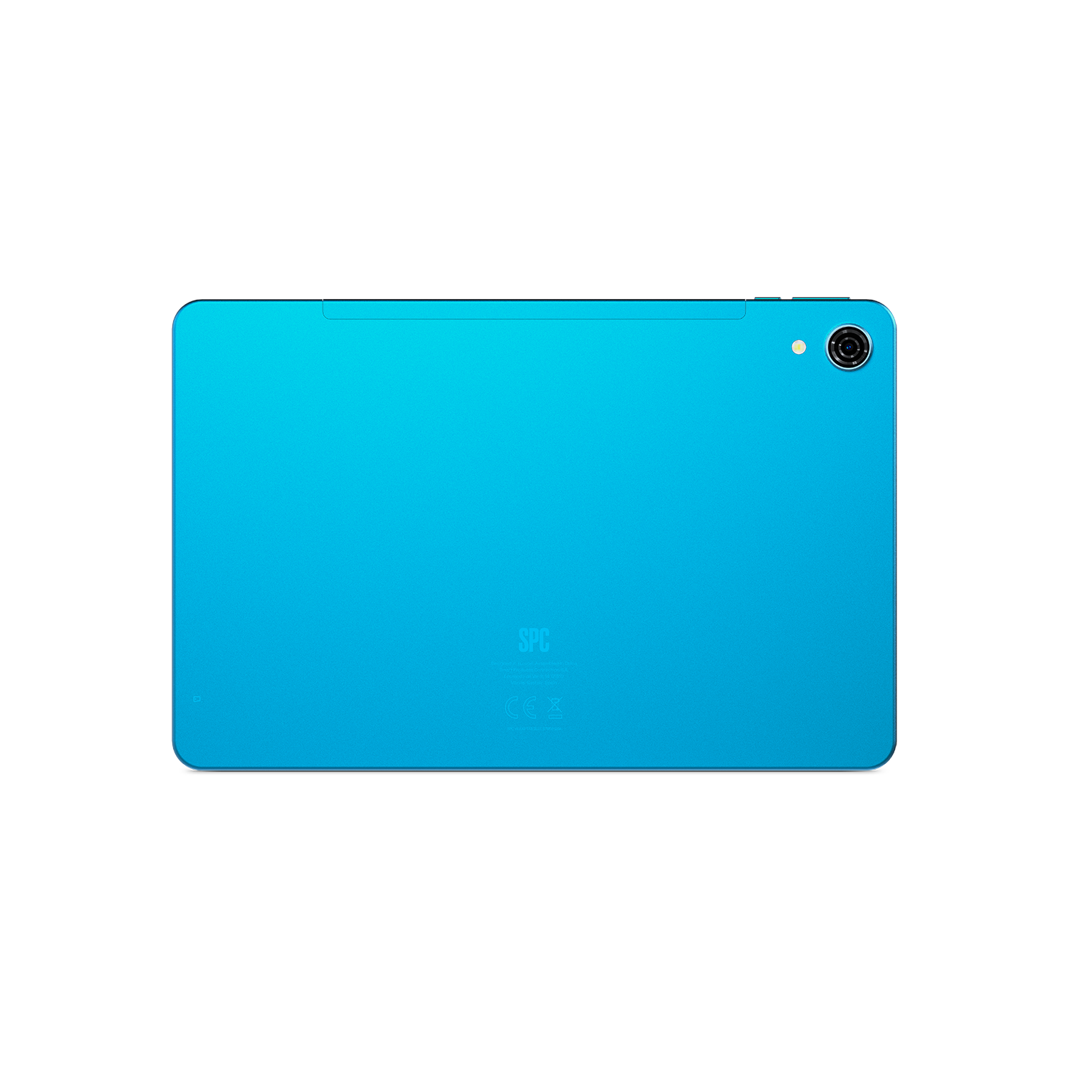 Ein hellblaues Tablet wird von hinten gezeigt. Es hat eine Kamera und Blitz oben rechts.