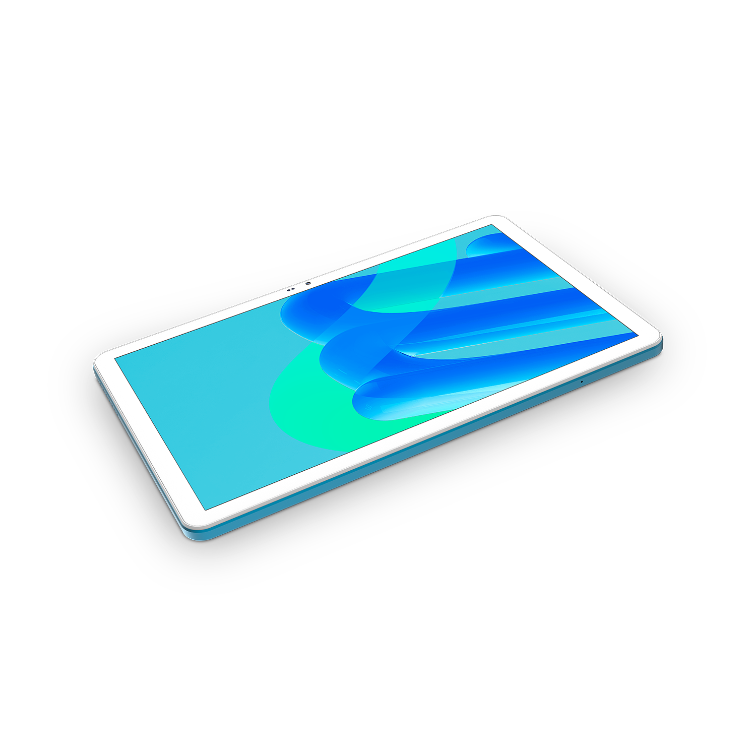 Ein blaues Tablet mit einem abstrakten blauen und grünen Hintergrundbild.