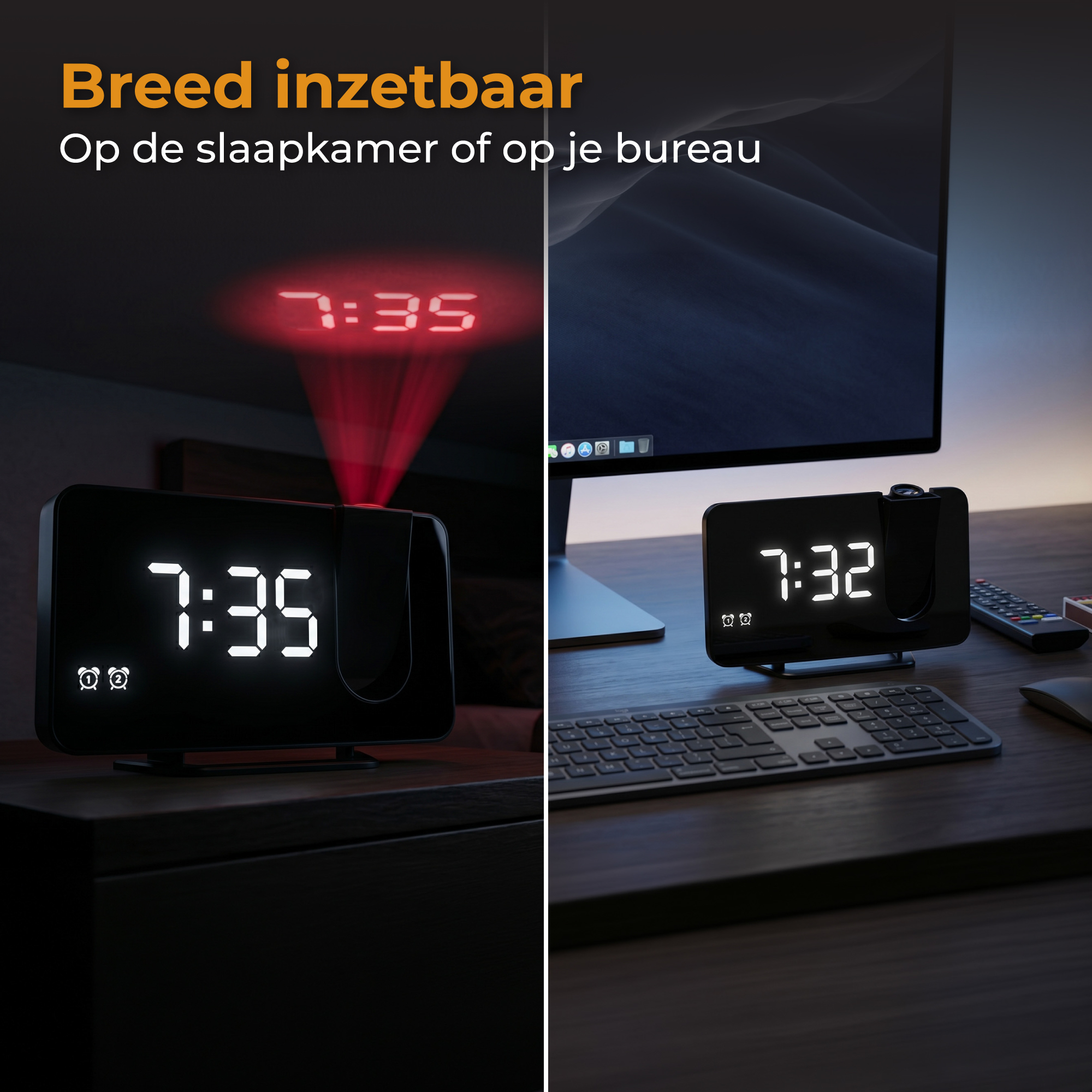 Digitale klok met rode projectie aan één kant, aan een bureau aan de andere.