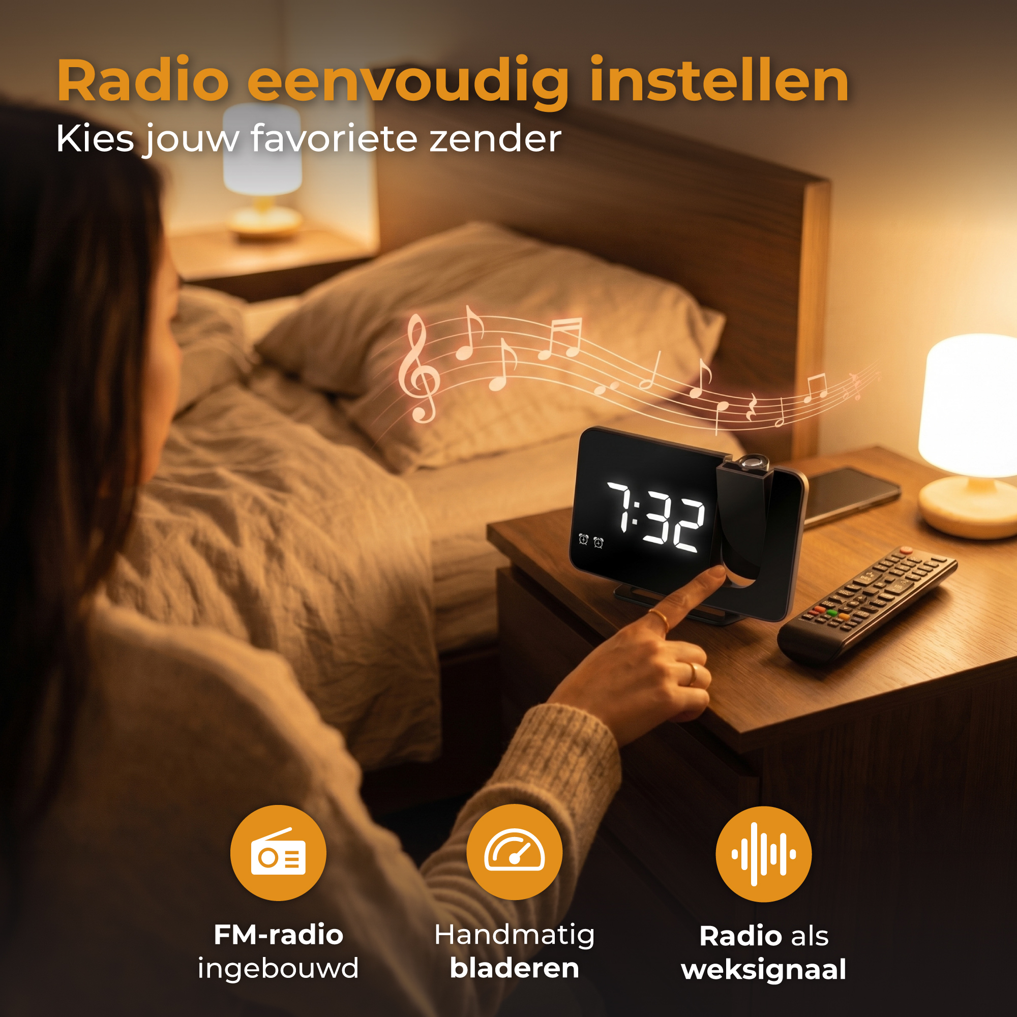 Digitale wekker met radio projectie speelt muziek op nachtkastje.