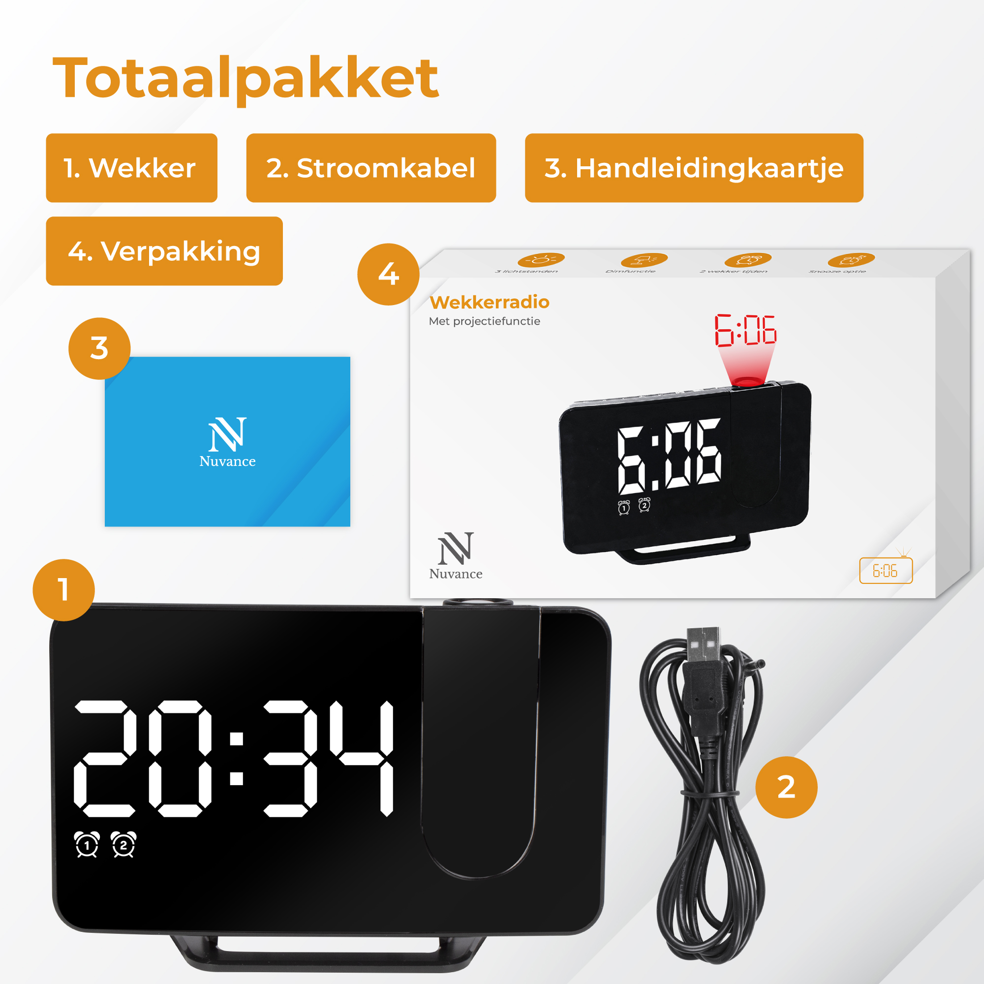 Een pakket met wekker, kabel en kaart. Toont 20:34 en 6:06.
