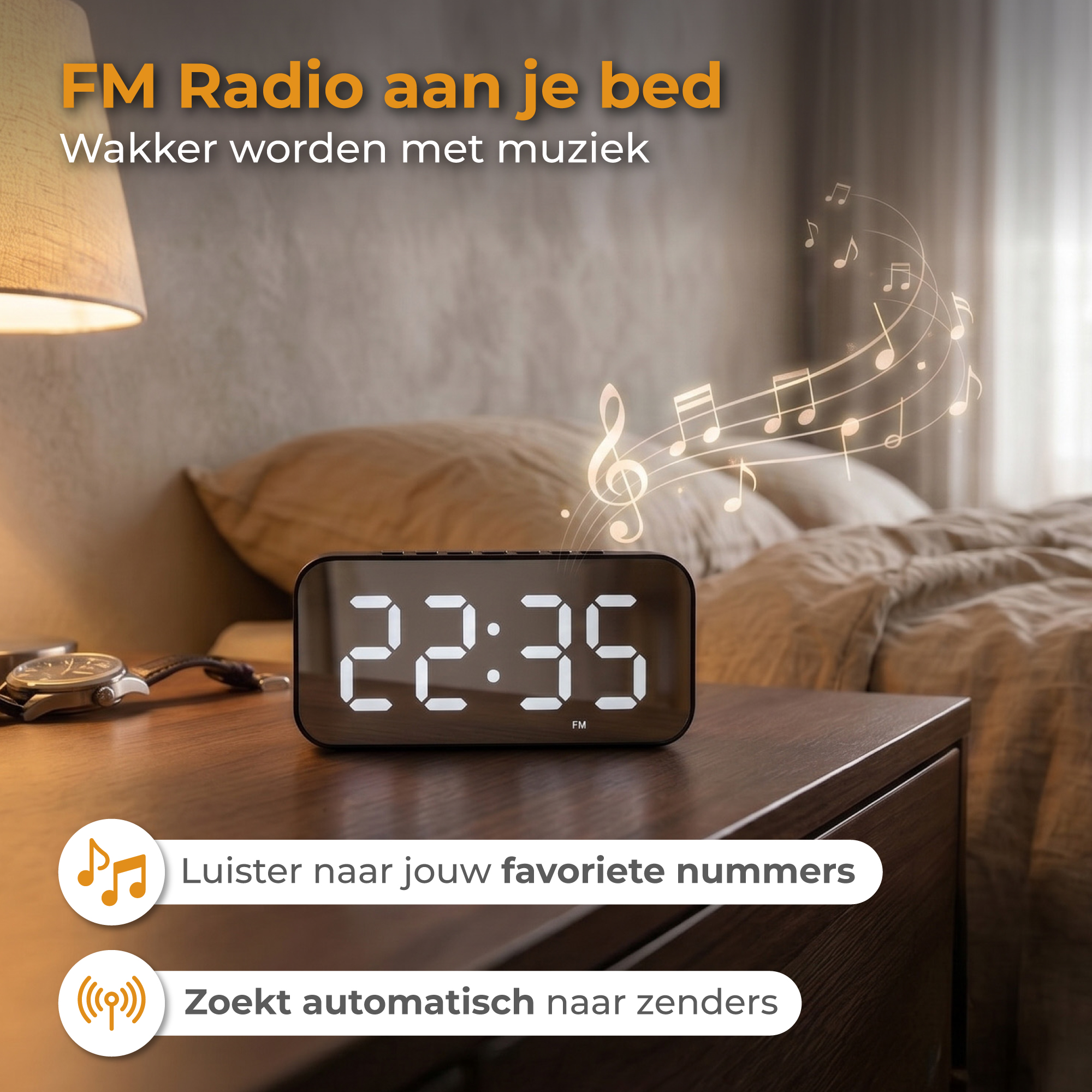 Digitale klok toont 22:35 op een nachtkastje naast een bed.