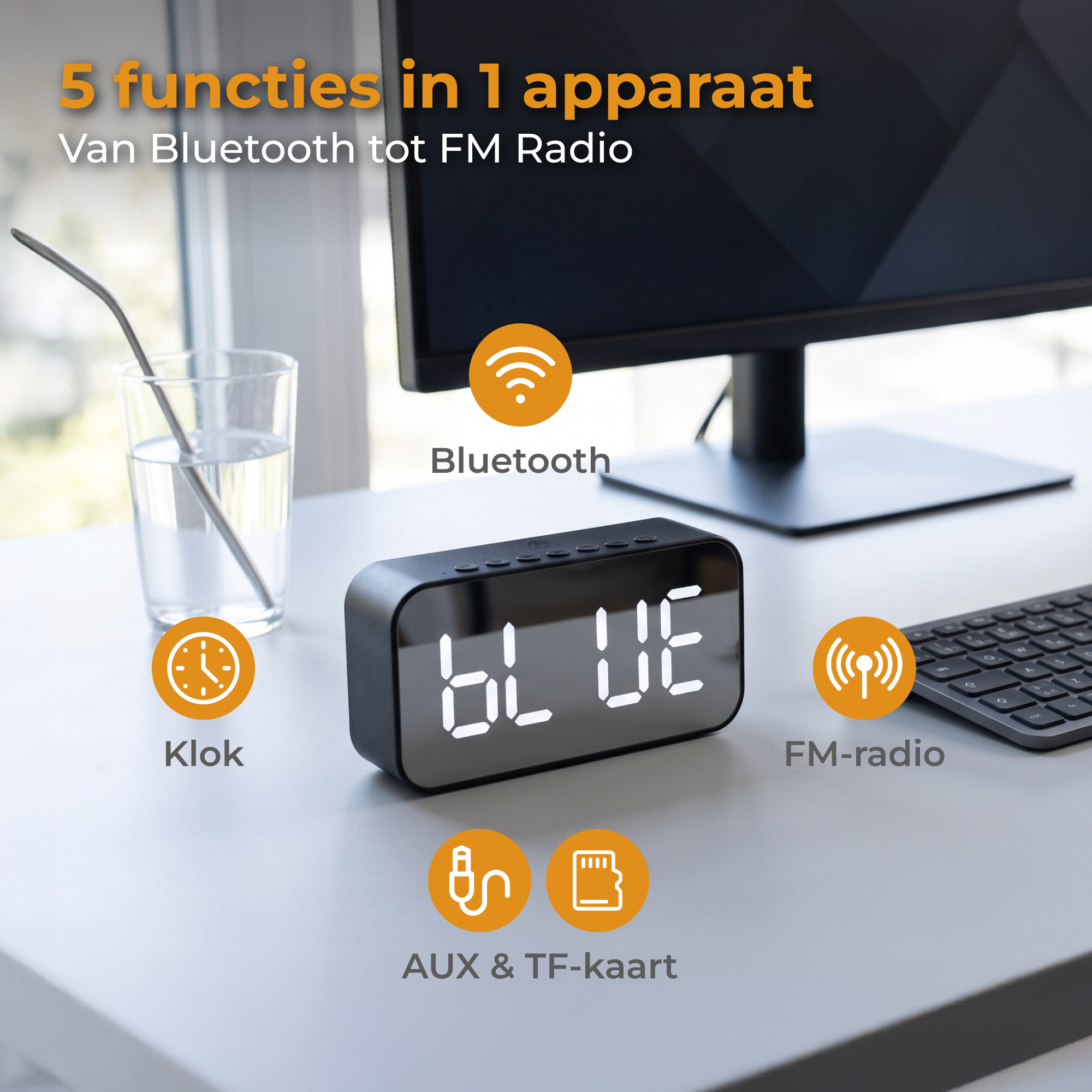 Digitale speaker met Bluetooth, klok, FM-radio, AUX en TF-kaart.