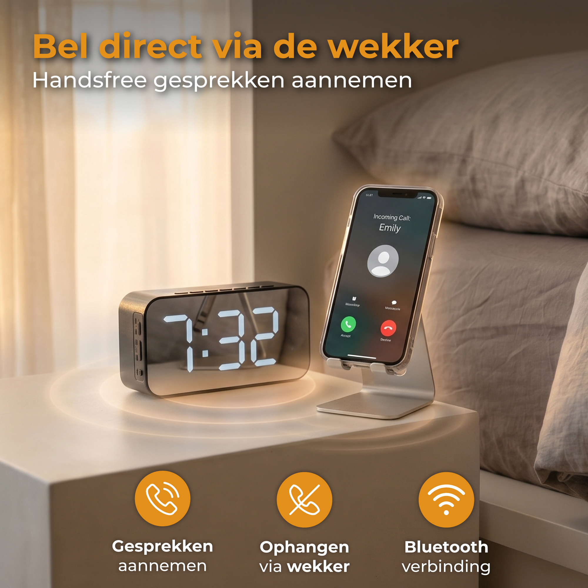 Digitale wekker en smartphone tonen inkomende oproep. Iconen voor oproepen.