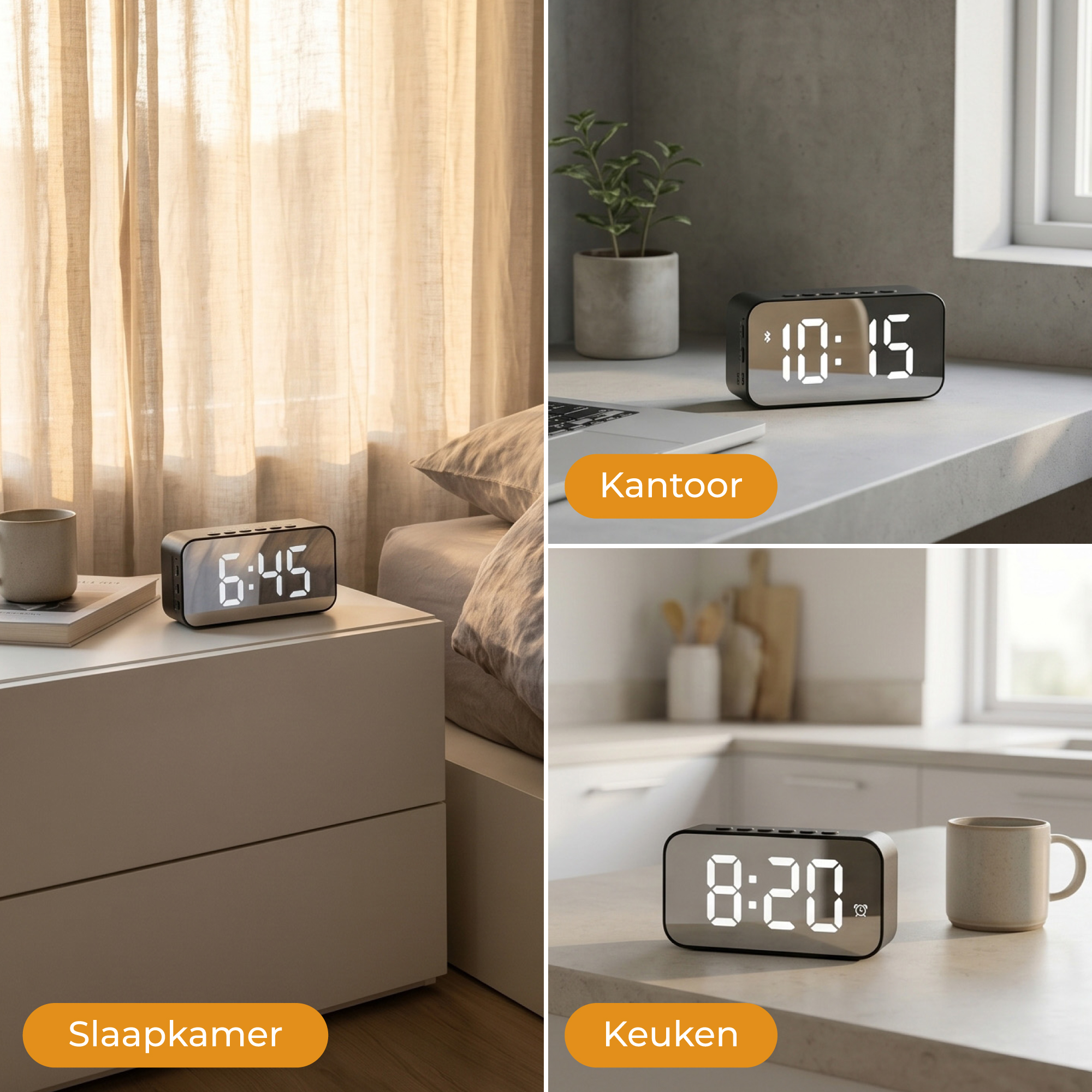 Digitale wekker in slaapkamer, kantoor en keuken. Toont 6:45, 10:15, 8:20.