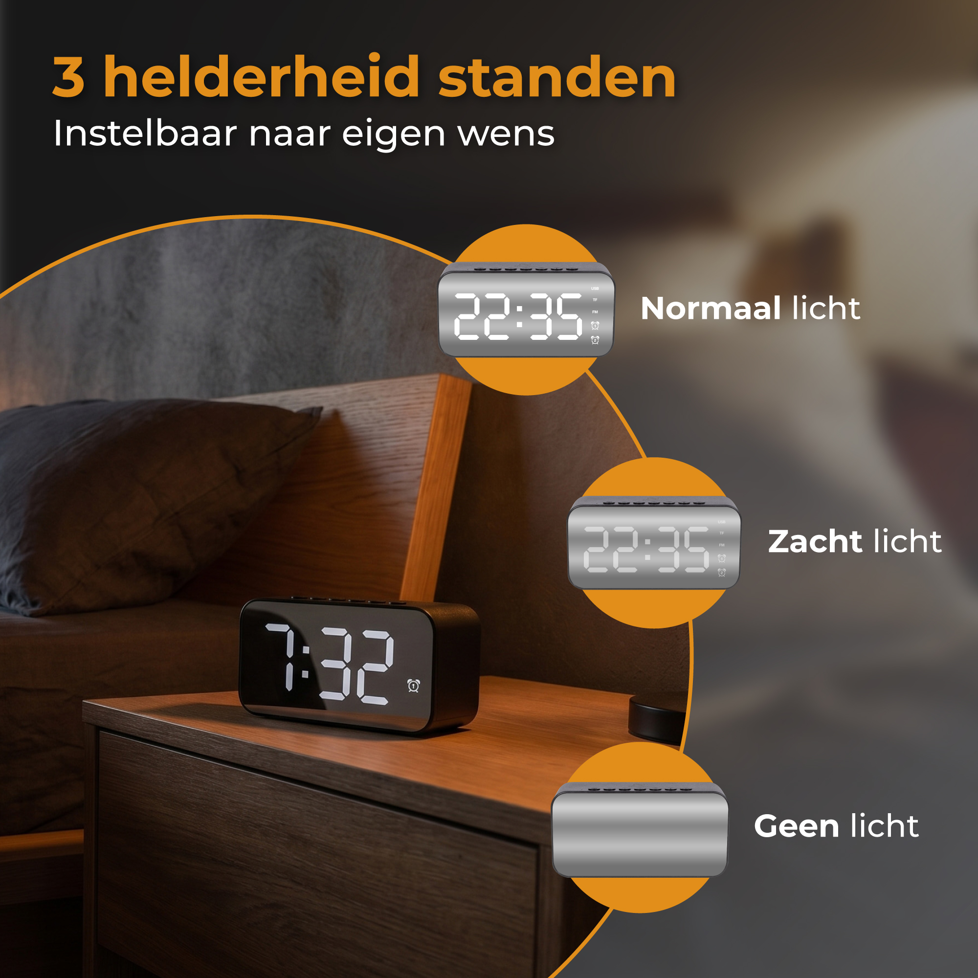 Een wekker toont verschillende helderheidsniveaus: Normaal, Zacht en Uit.