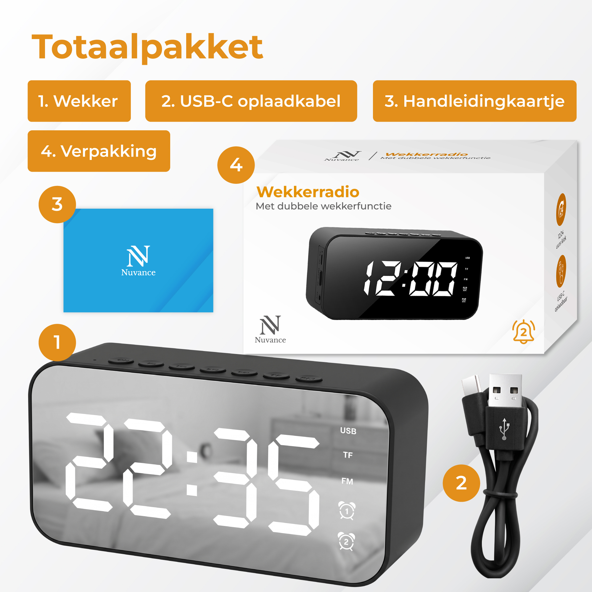Een digitale wekker, USB-C kabel en handleiding worden getoond in pakketoverzicht.