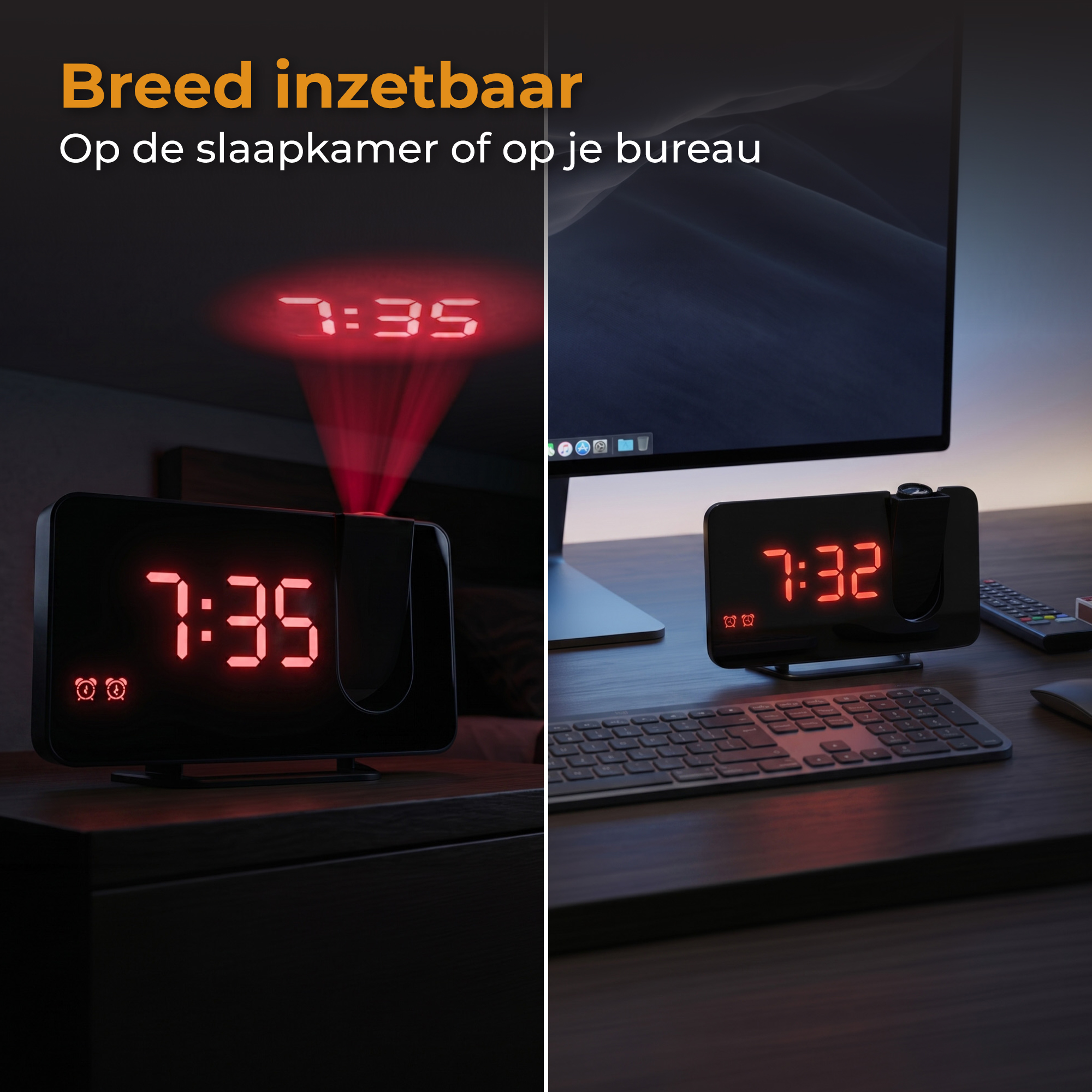 Een digitale projectieklok toont 7:35, naast een computer.