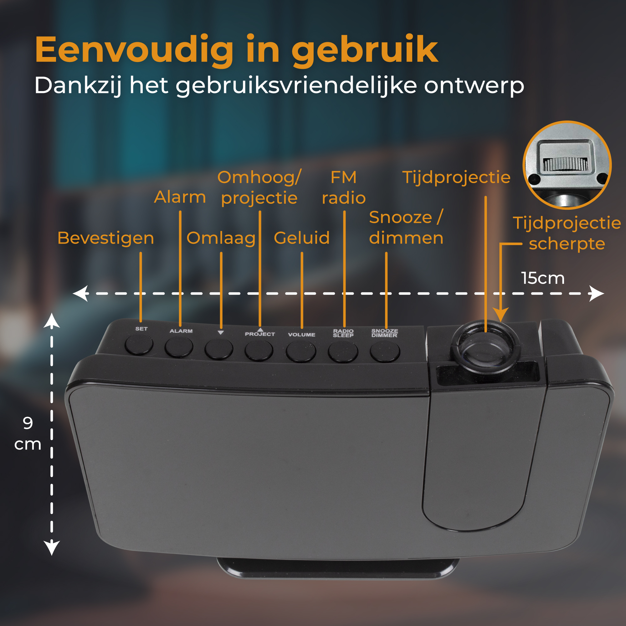 Zwarte projectiewekker met gelabelde knoppen en afmetingen getoond.